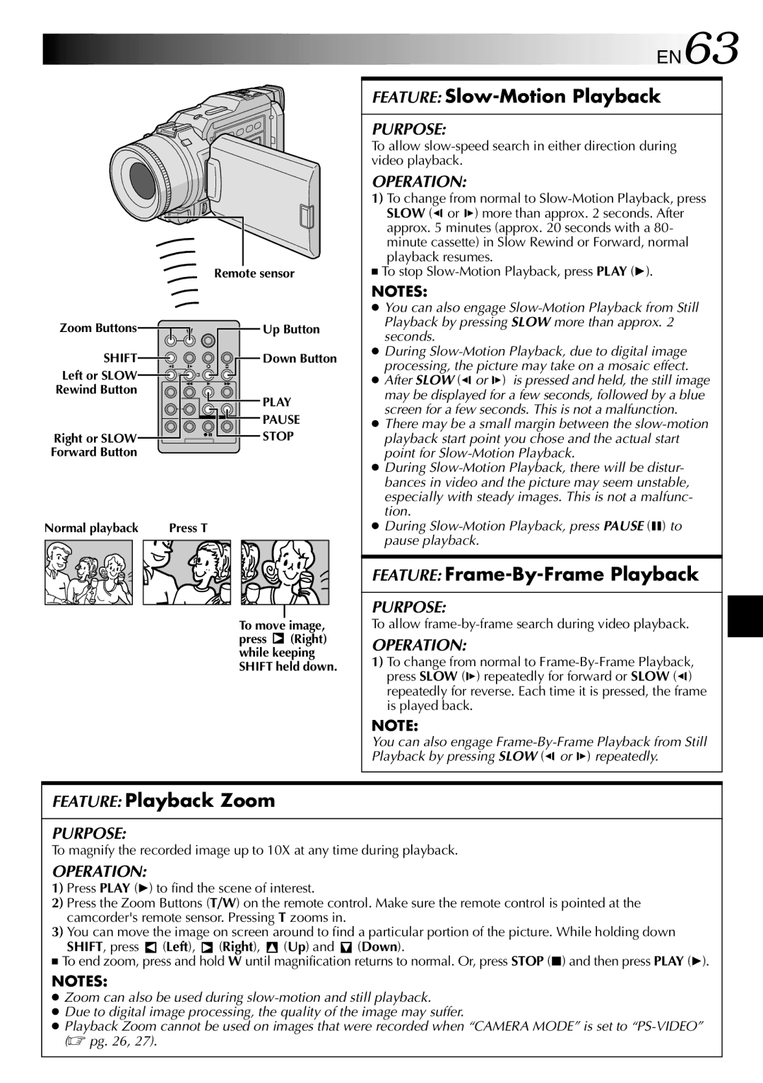 JVC GR-DV1800 specifications EN63, Feature Slow-Motion Playback, Feature Frame-By-Frame Playback, Feature Playback Zoom 