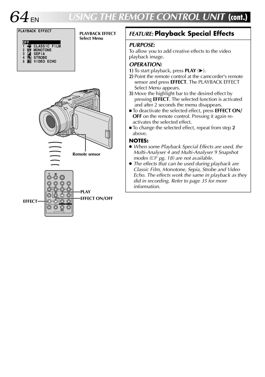 JVC GR-DV1800 specifications 64 EN, Feature Playback Special Effects 