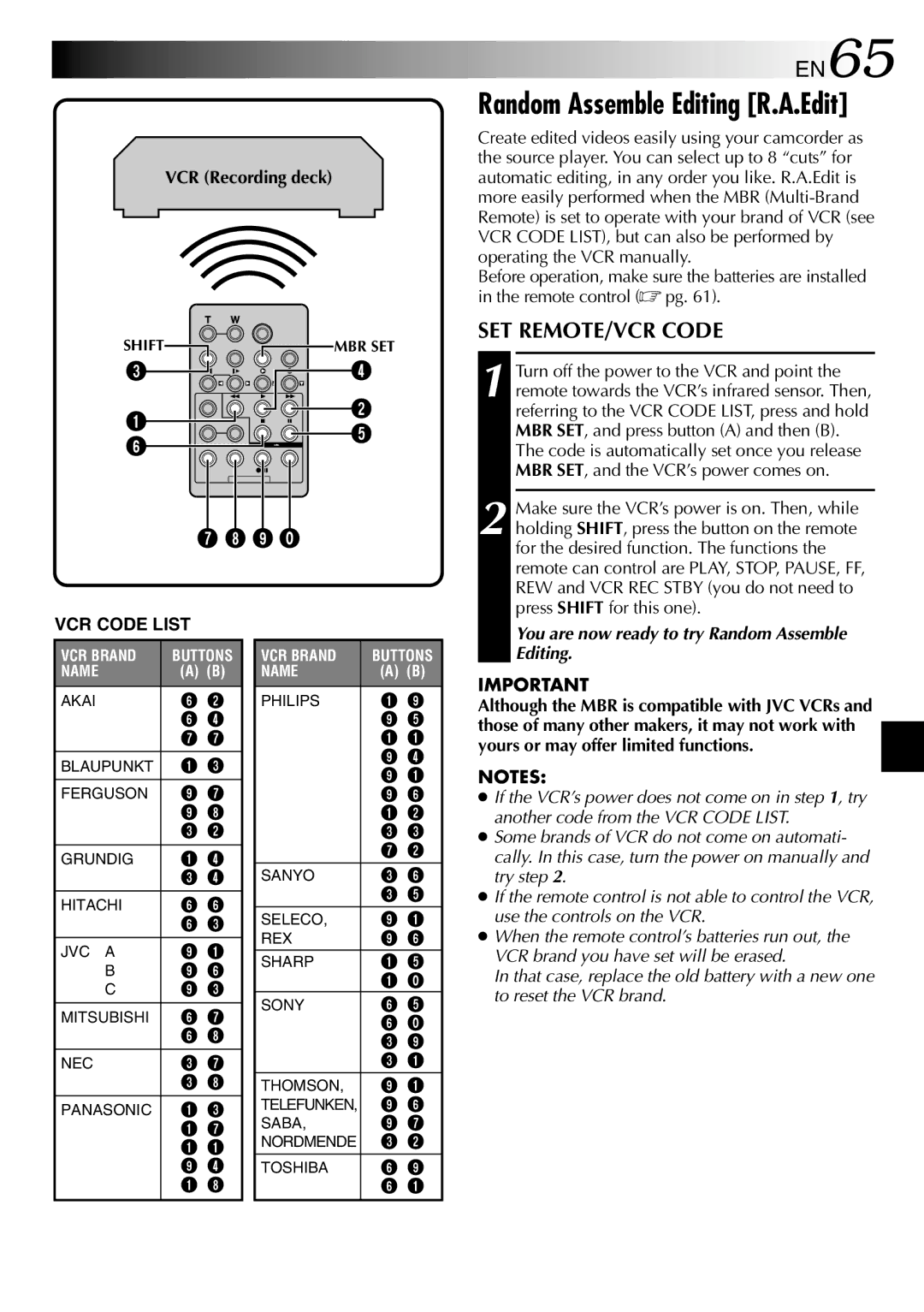 JVC GR-DV1800 specifications EN65, SET REMOTE/VCR Code, VCR Recording deck 