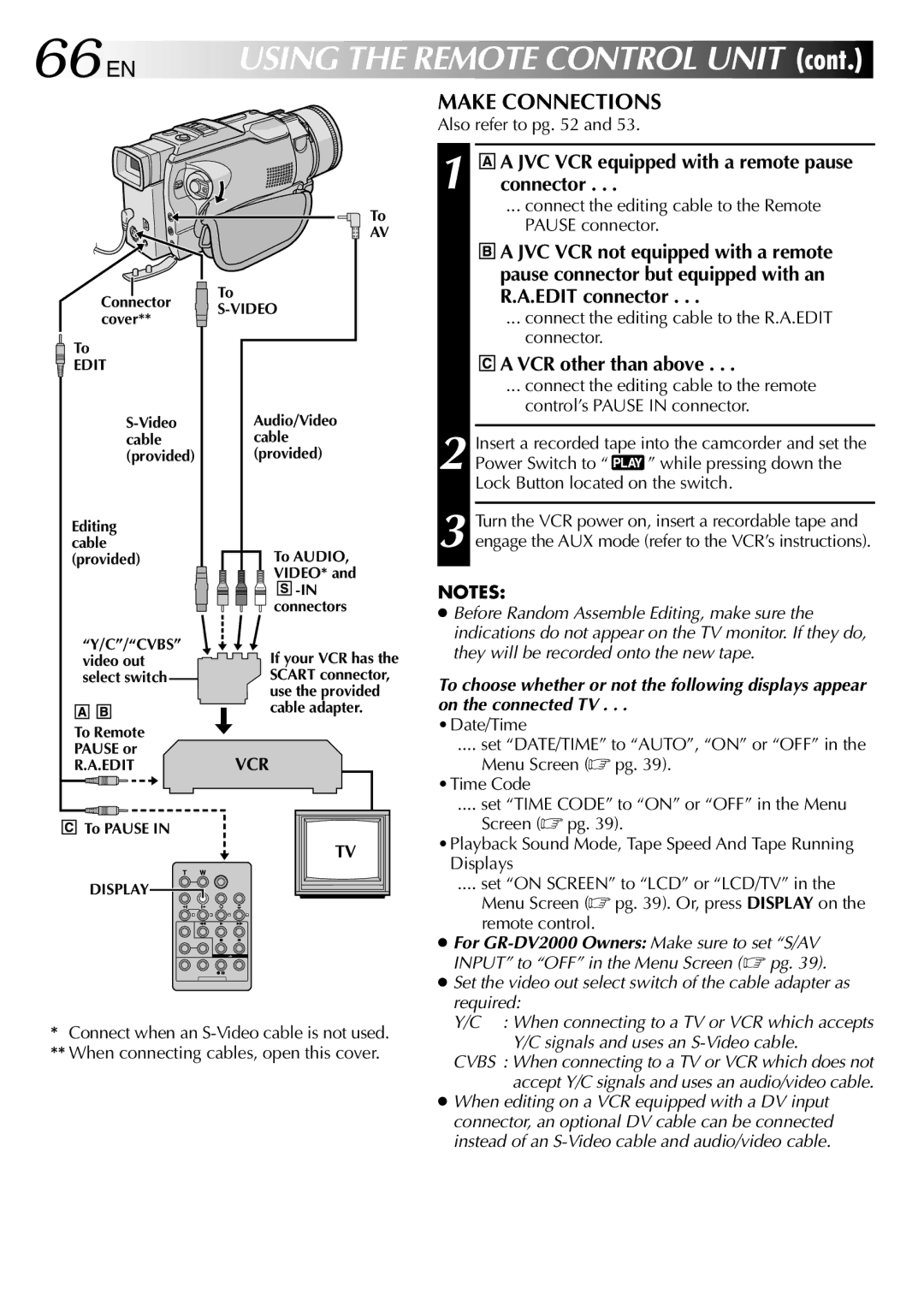 JVC GR-DV1800 specifications 66 EN, Make Connections, JVC VCR equipped with a remote pause connector, VCR other than above 