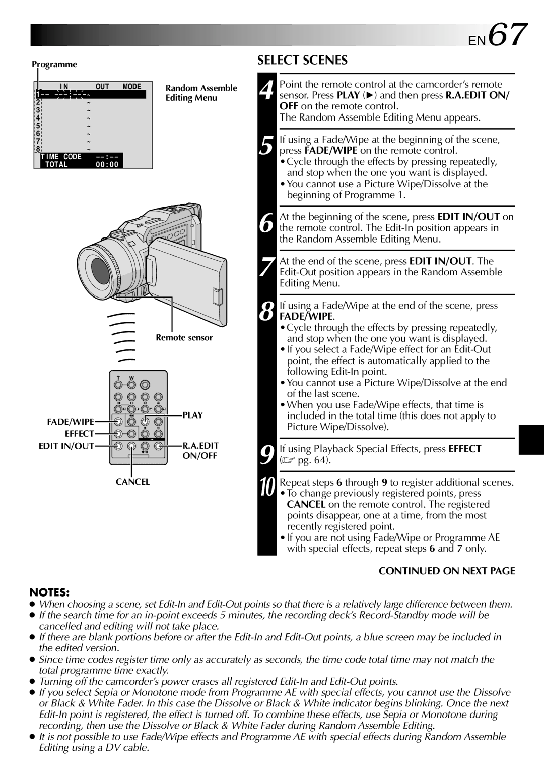 JVC GR-DV1800 specifications EN67, Select Scenes 