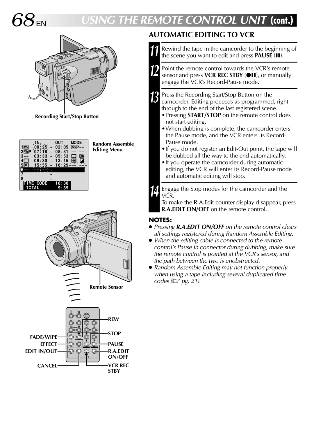 JVC GR-DV1800 specifications 68 EN, Automatic Editing to VCR 