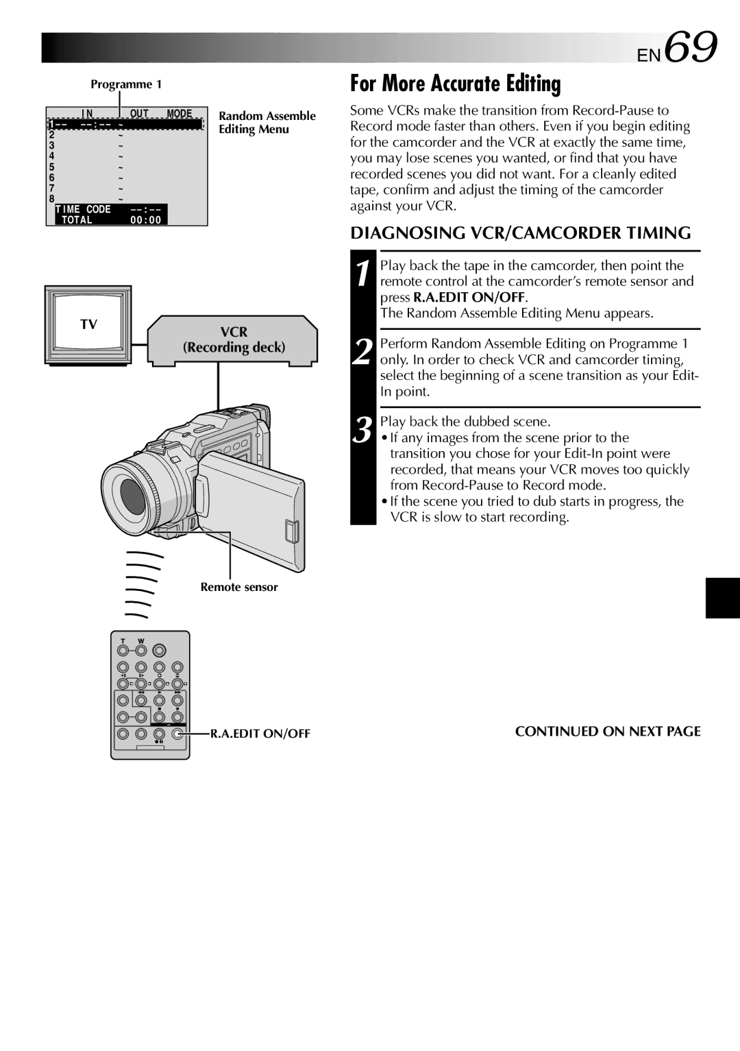 JVC GR-DV1800 specifications For More Accurate Editing, EN69, Diagnosing VCR/CAMCORDER Timing, Recording deck 