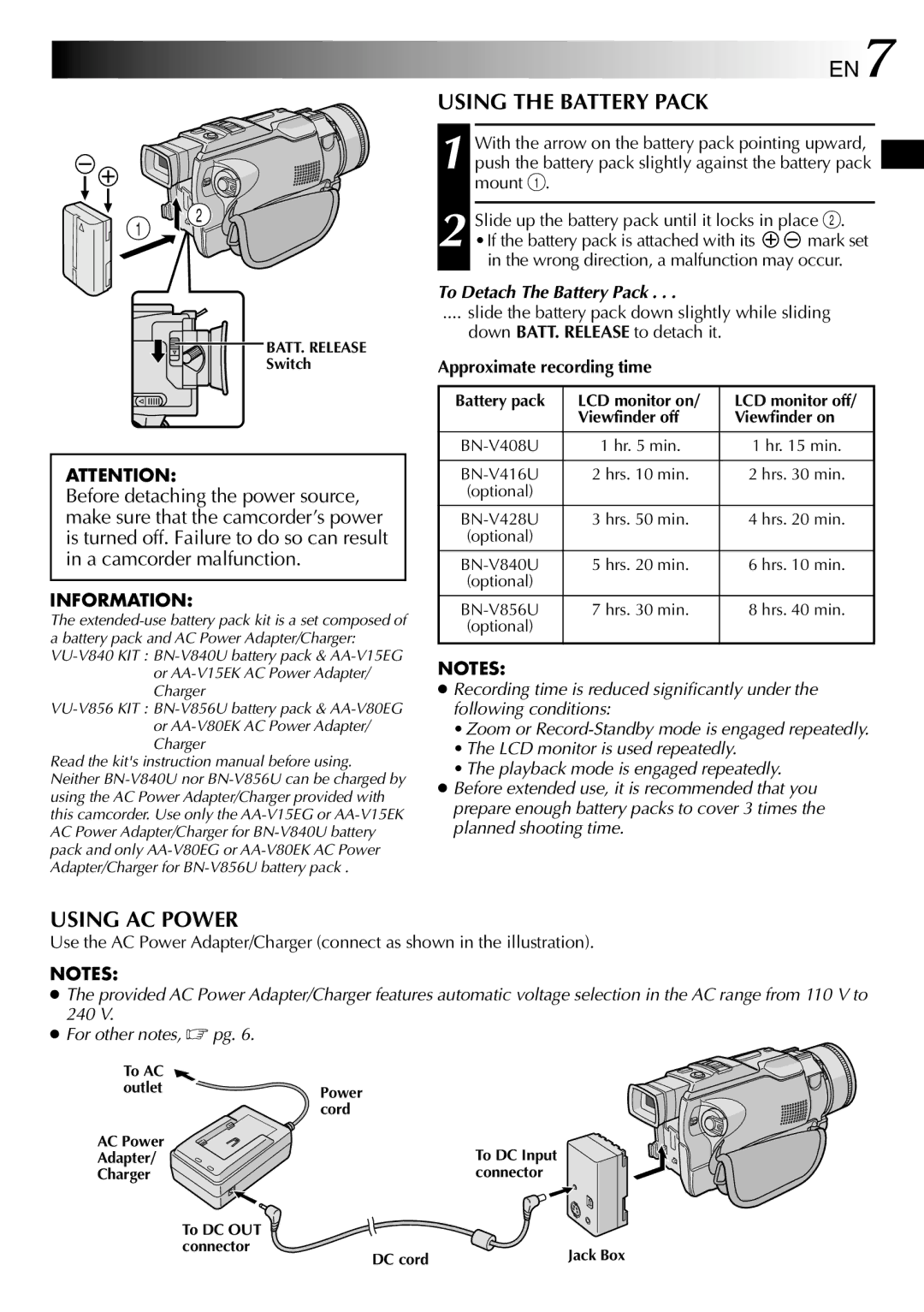 JVC GR-DV1800 specifications Using the Battery Pack, Using AC Power, To Detach The Battery Pack, Approximate recording time 