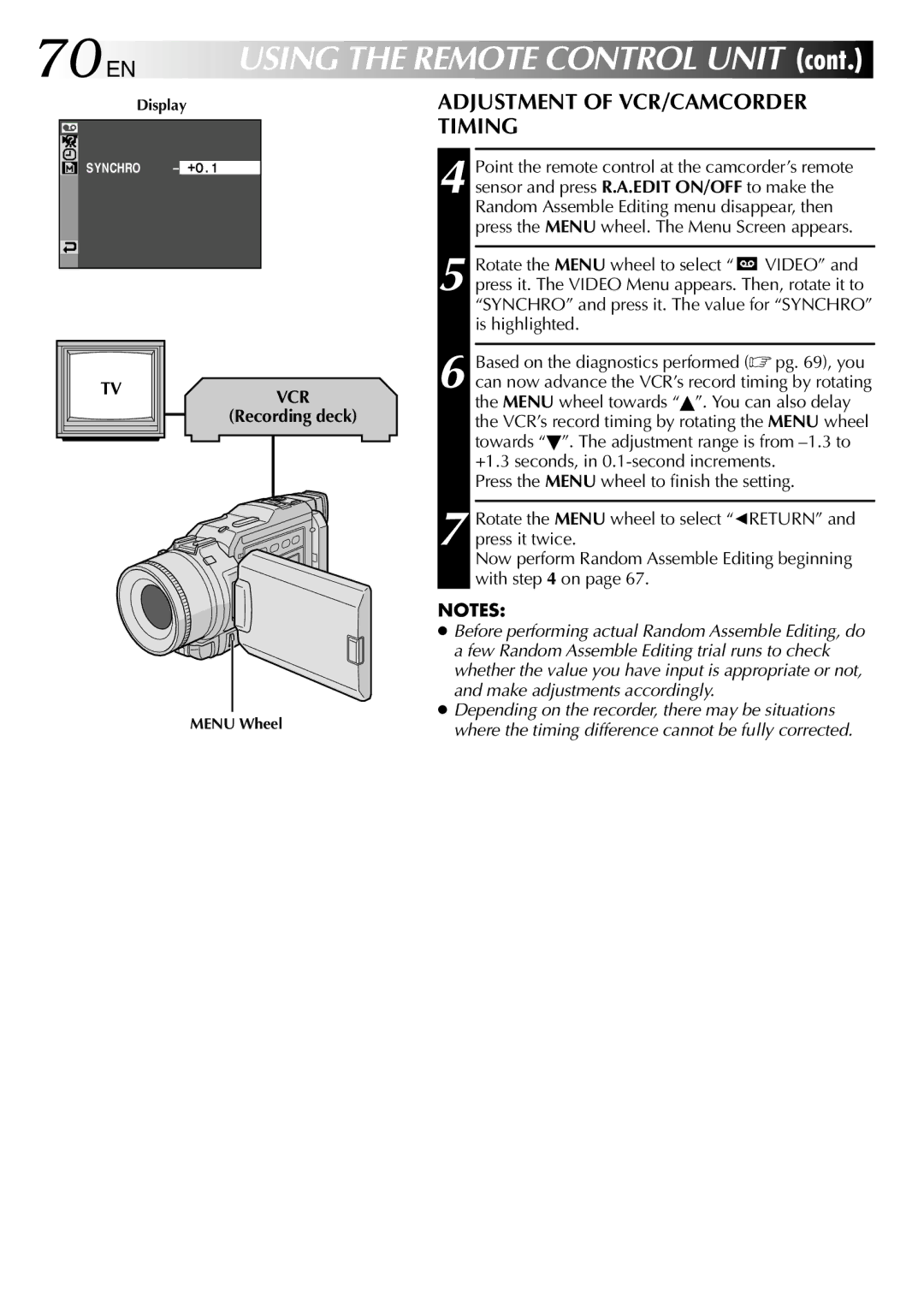 JVC GR-DV1800 specifications 70 EN, Adjustment of VCR/CAMCORDER Timing 