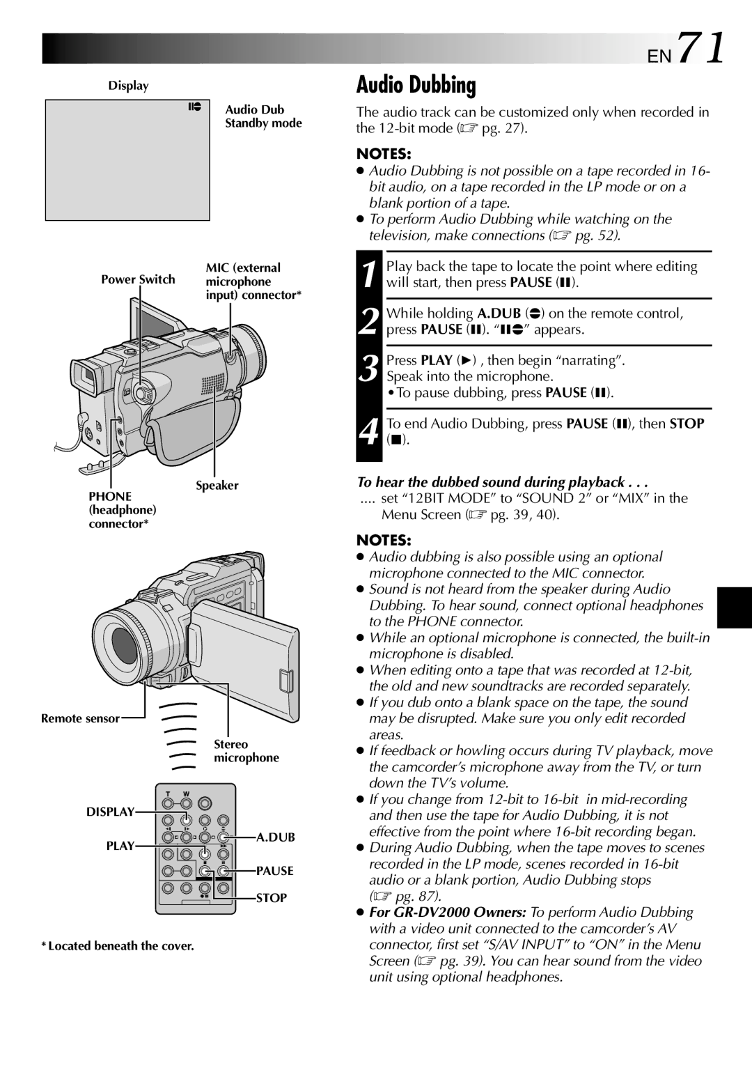 JVC GR-DV1800 specifications Audio Dubbing, EN71, To hear the dubbed sound during playback 