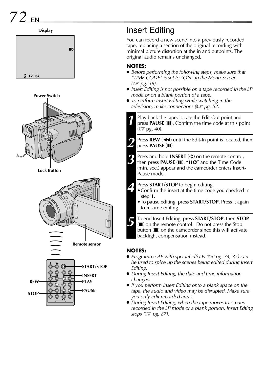 JVC GR-DV1800 specifications 72 EN, Insert Editing 