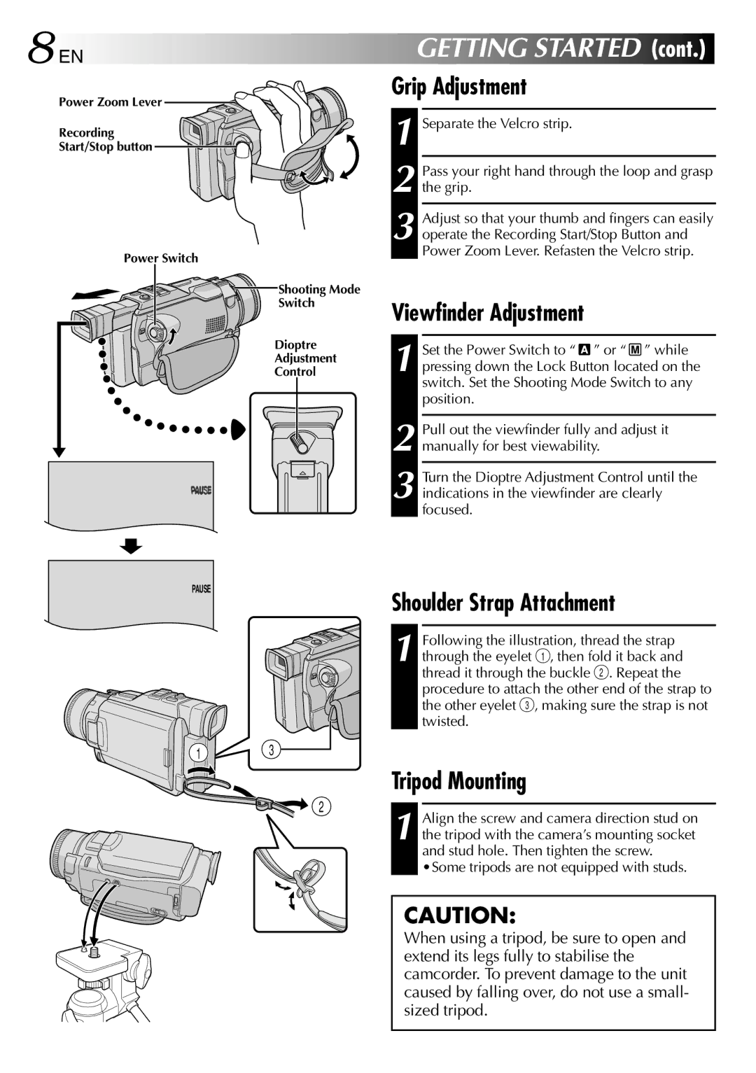 JVC GR-DV1800 specifications Grip Adjustment, Viewfinder Adjustment, Shoulder Strap Attachment, Tripod Mounting 