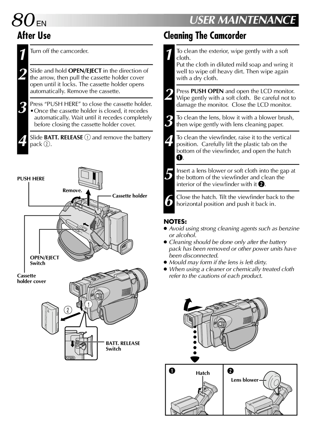 JVC GR-DV1800 specifications 80 EN, After Use, Cleaning The Camcorder 