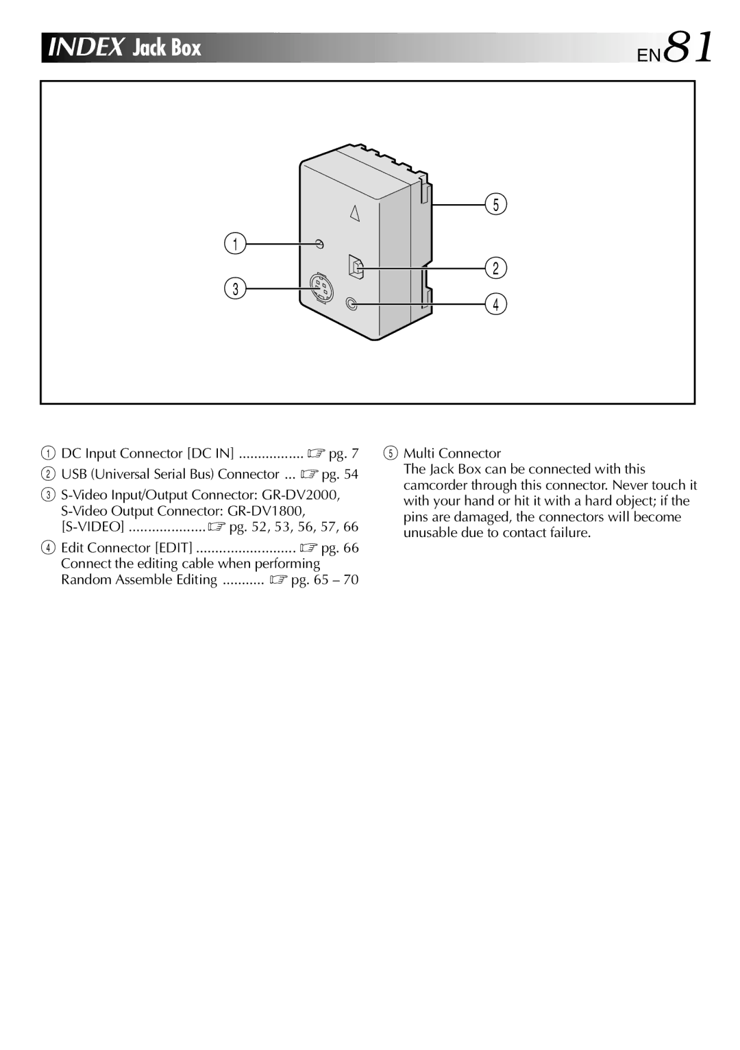 JVC GR-DV1800 specifications EN81, DC Input Connector DC  pg, Connect the editing cable when performing, Multi Connector 