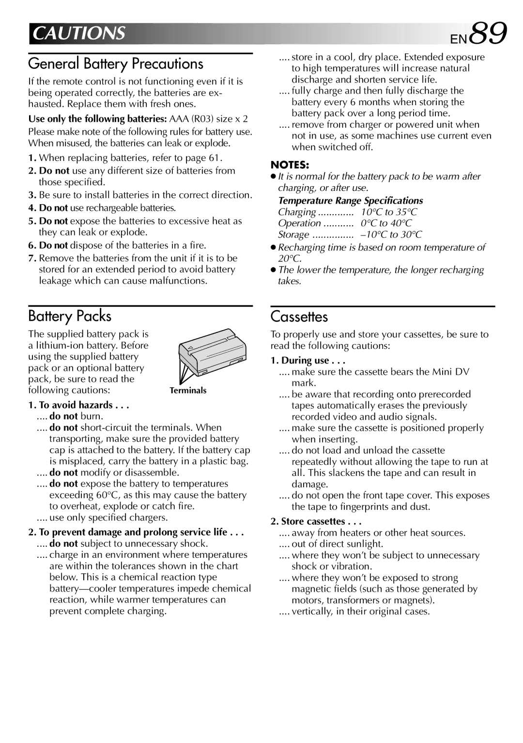 JVC GR-DV1800 specifications EN89, To avoid hazards, During use, Store cassettes 