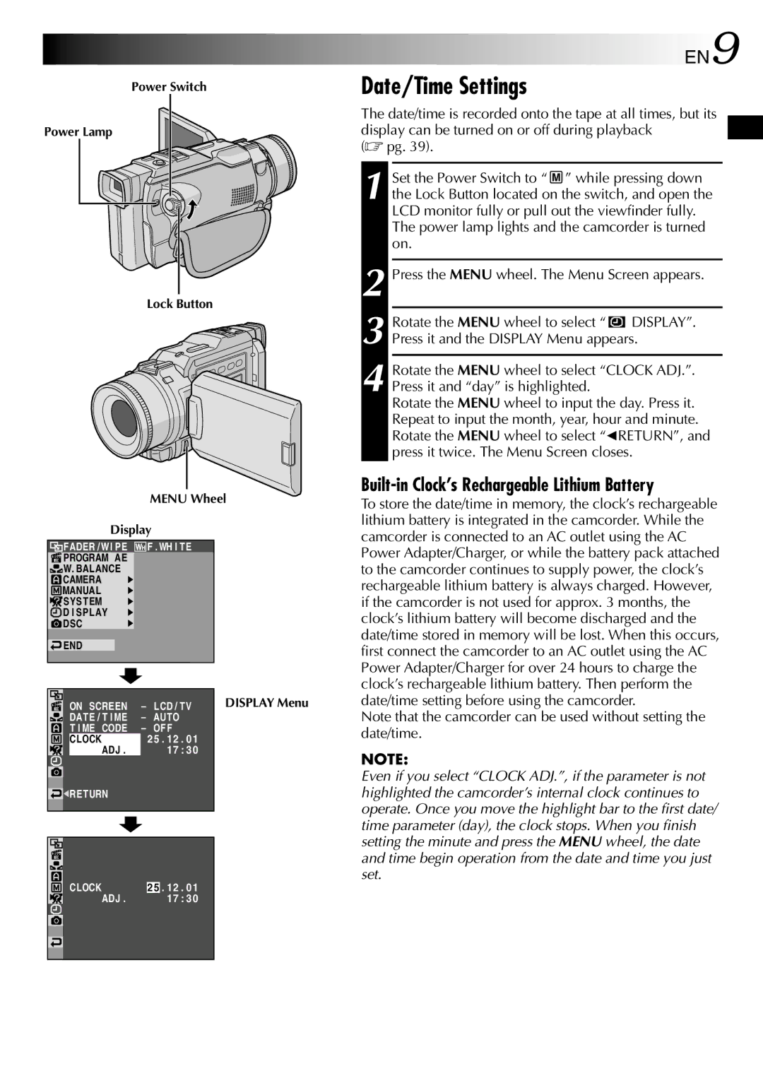 JVC GR-DV1800 specifications Date/Time Settings, Built-in Clock’s Rechargeable Lithium Battery 