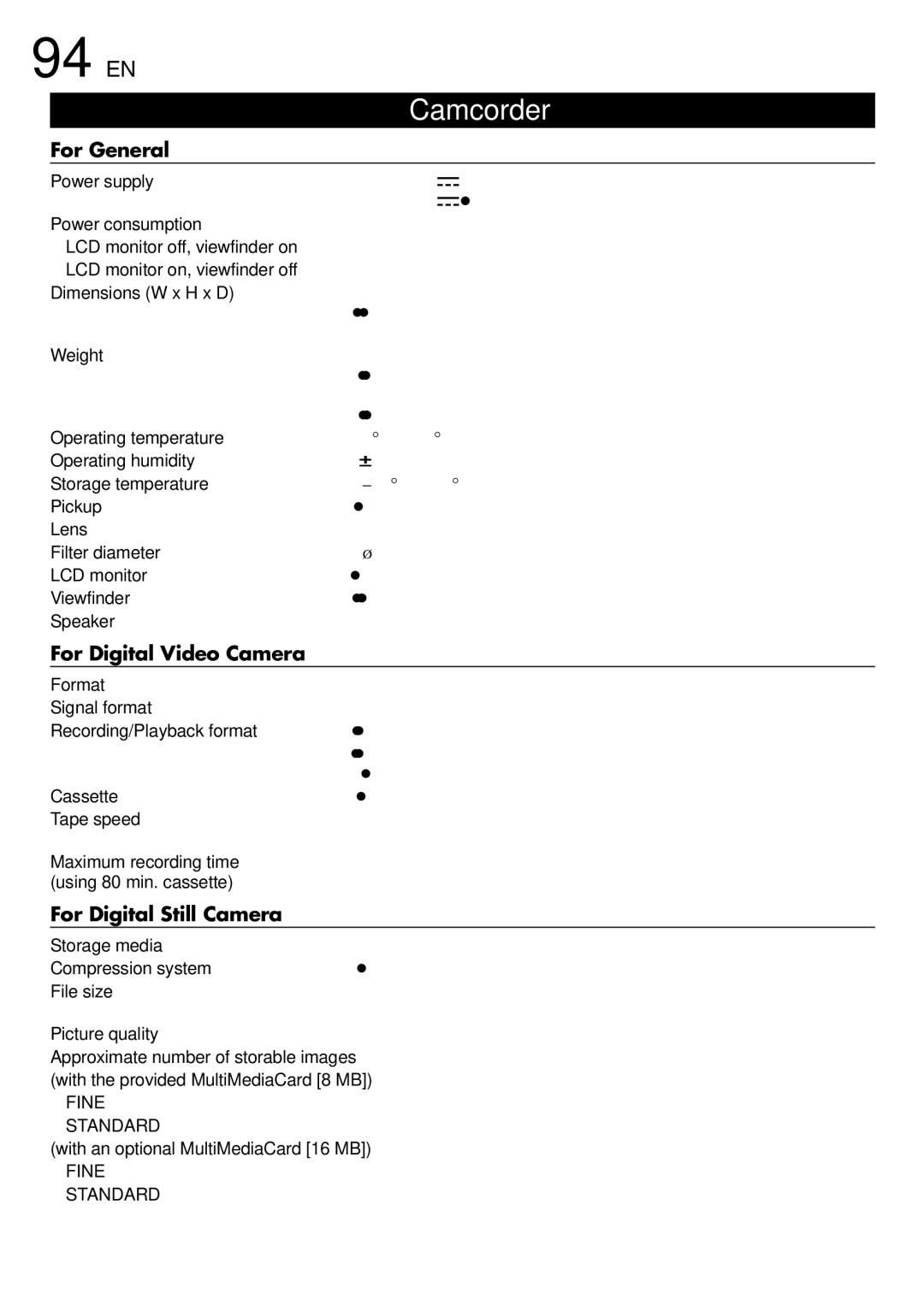 JVC GR-DV1800 specifications 94 EN, For General, For Digital Video Camera, For Digital Still Camera 