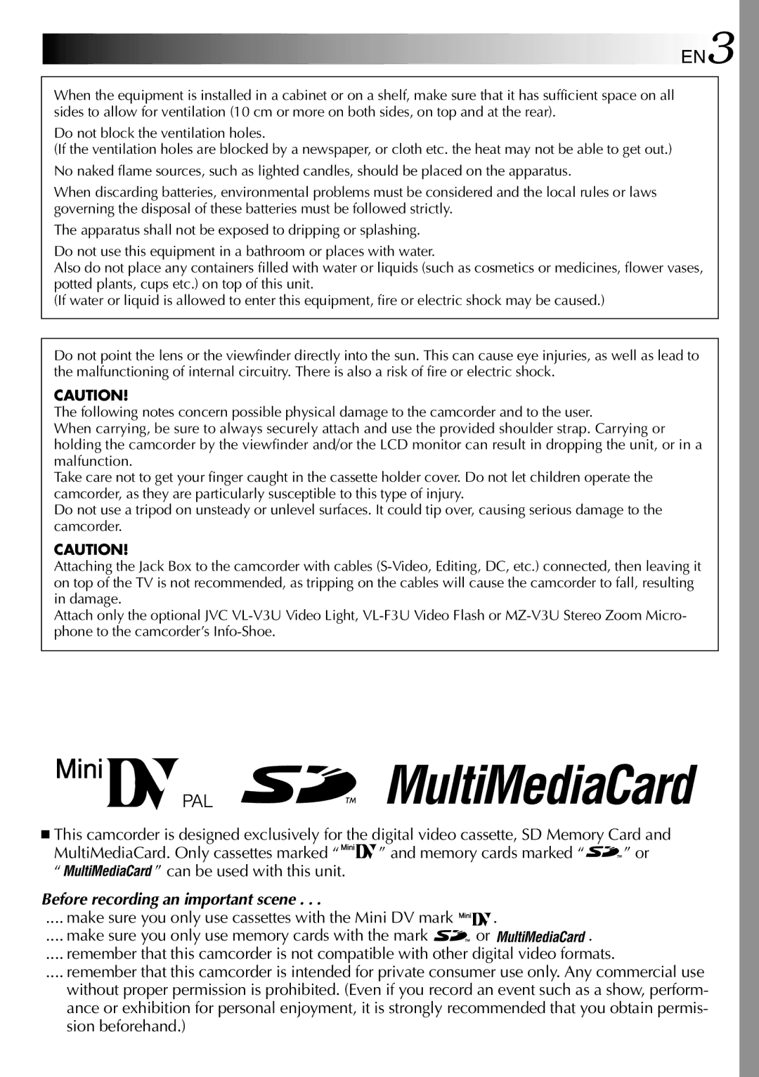 JVC GR-DV2000 specifications EN3, Make sure you only use cassettes with the Mini DV mark 