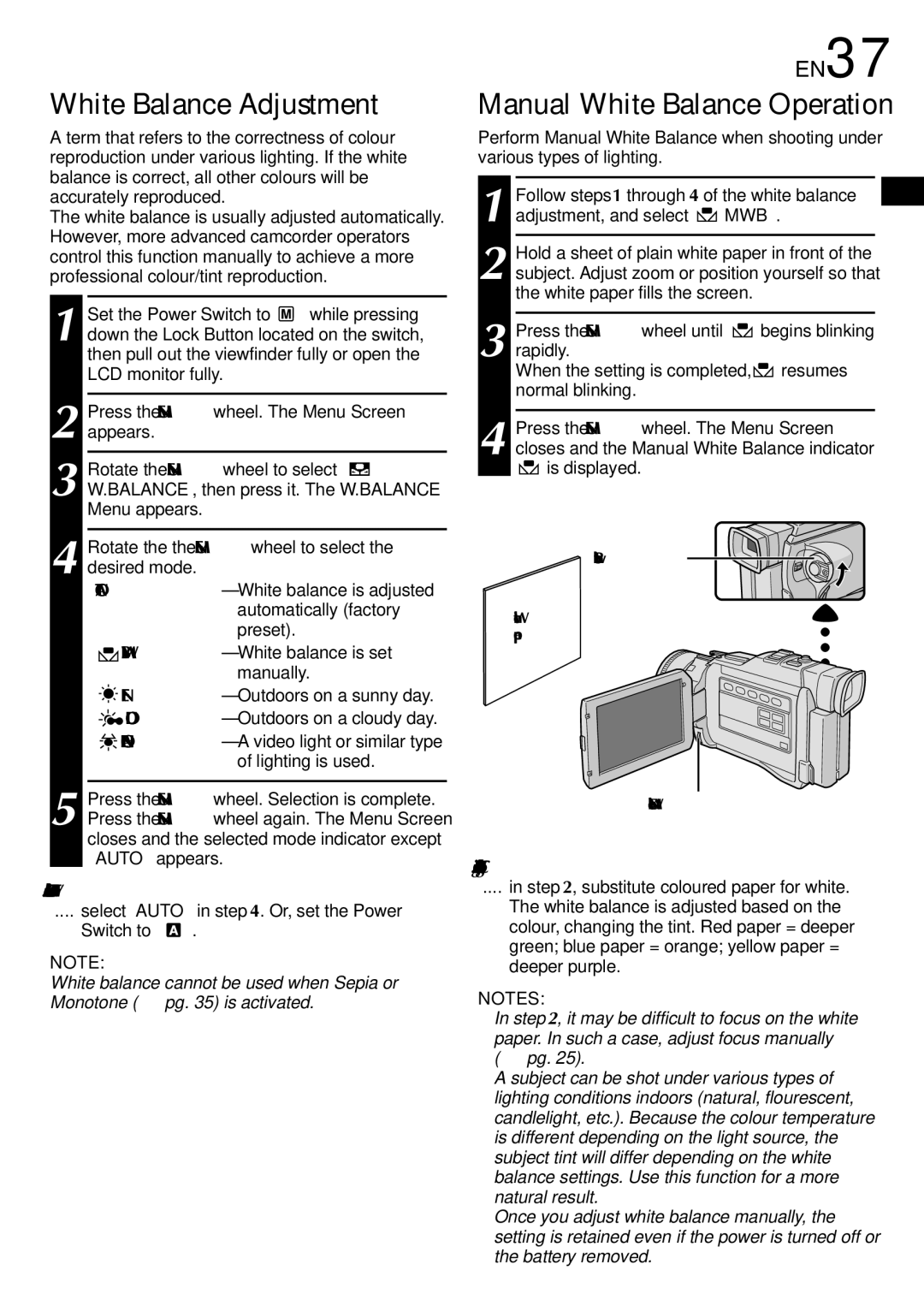 JVC GR-DV2000 White Balance Adjustment, Manual White Balance Operation, EN37, To Return To Automatic White Balance 