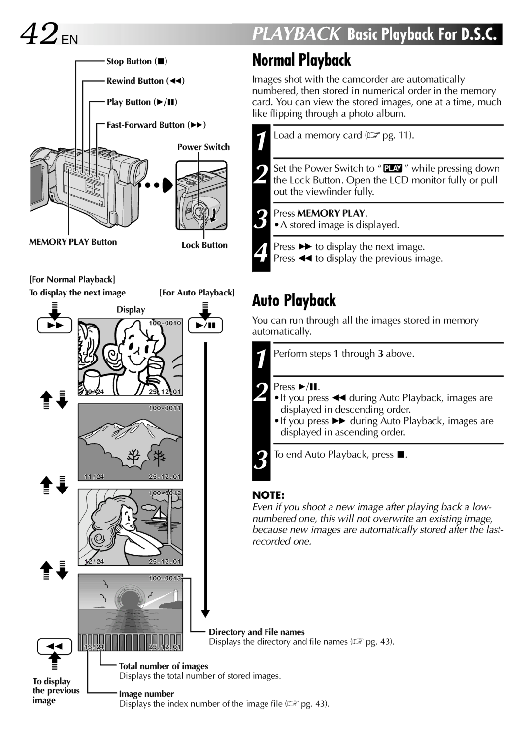 JVC GR-DV2000 specifications 42 EN, Normal Playback, Auto Playback, Press Memory Play 