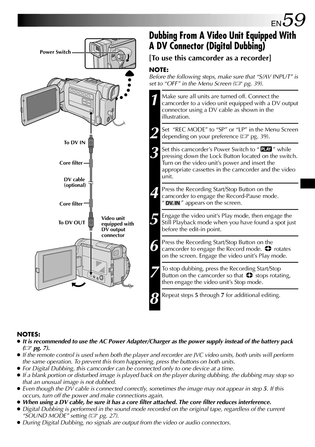 JVC GR-DV2000 EN59, To stop dubbing, press the Recording Start/Stop, Repeat steps 5 through 7 for additional editing 