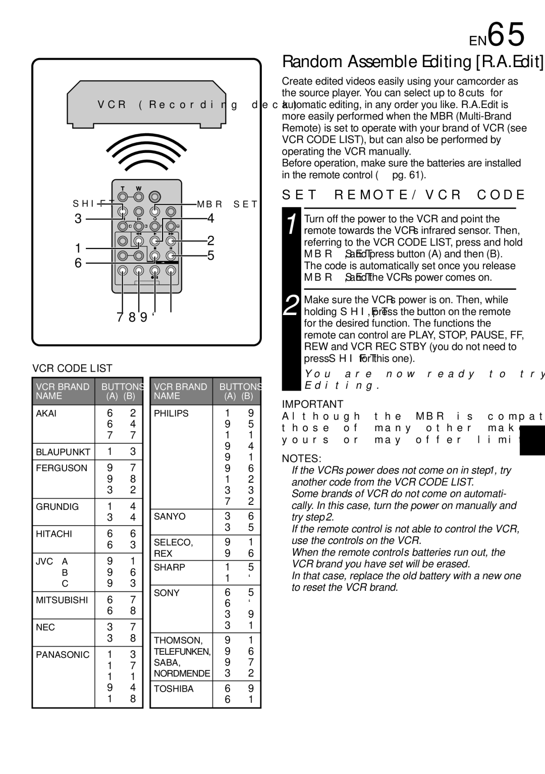 JVC GR-DV2000 specifications EN65, SET REMOTE/VCR Code, VCR Recording deck 