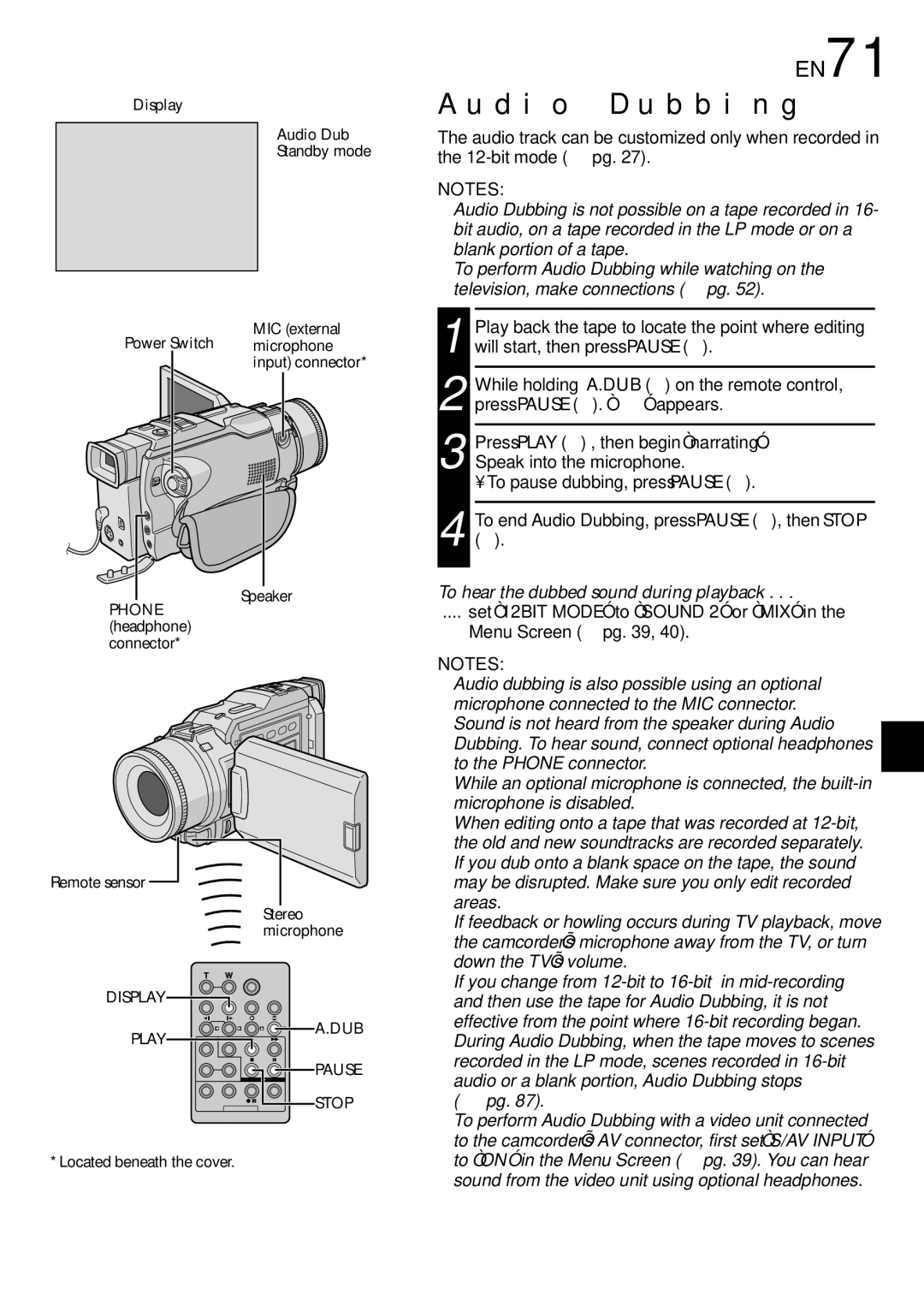 JVC GR-DV2000 specifications Audio Dubbing, EN71, To hear the dubbed sound during playback 