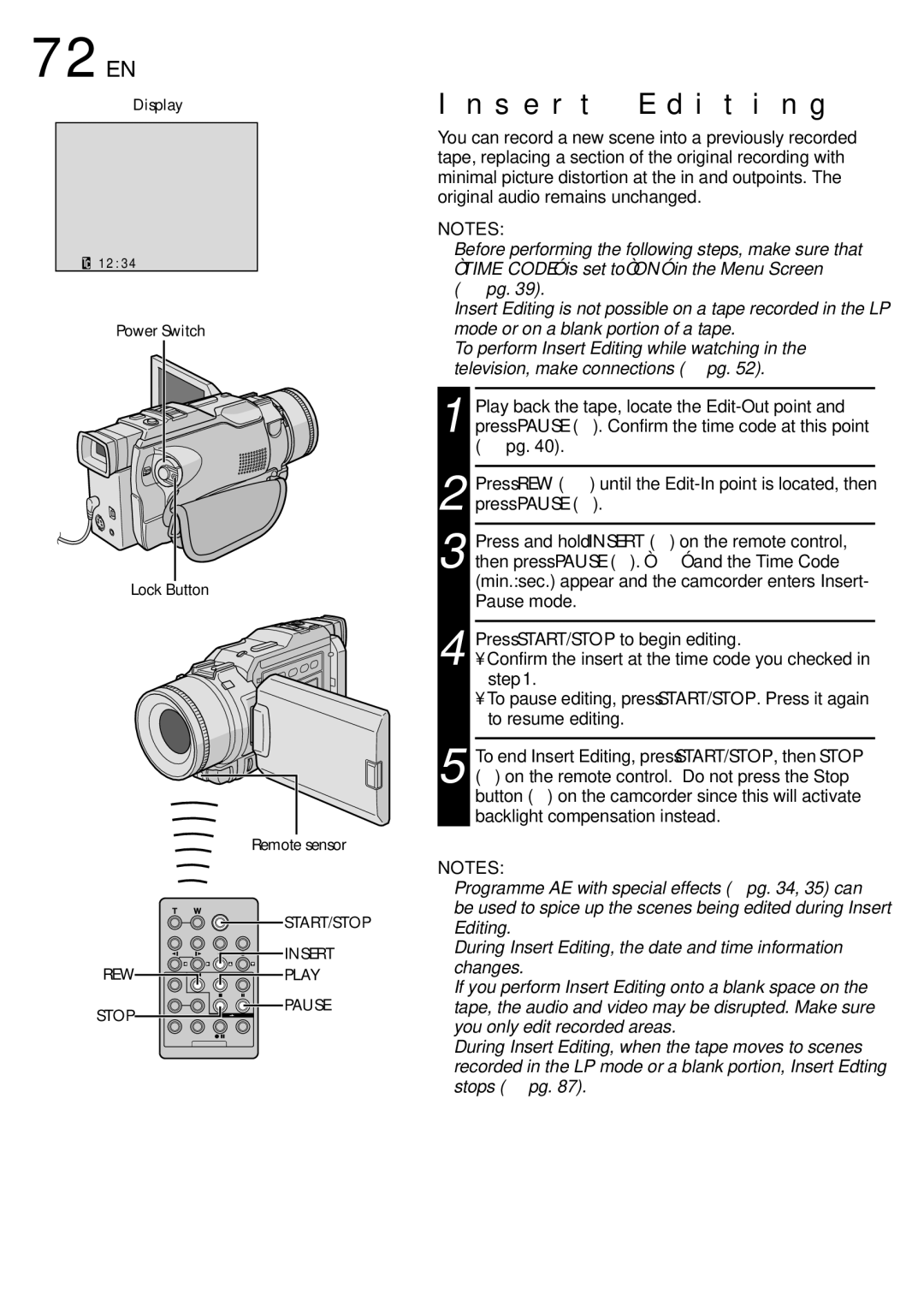 JVC GR-DV2000 specifications 72 EN, Insert Editing 