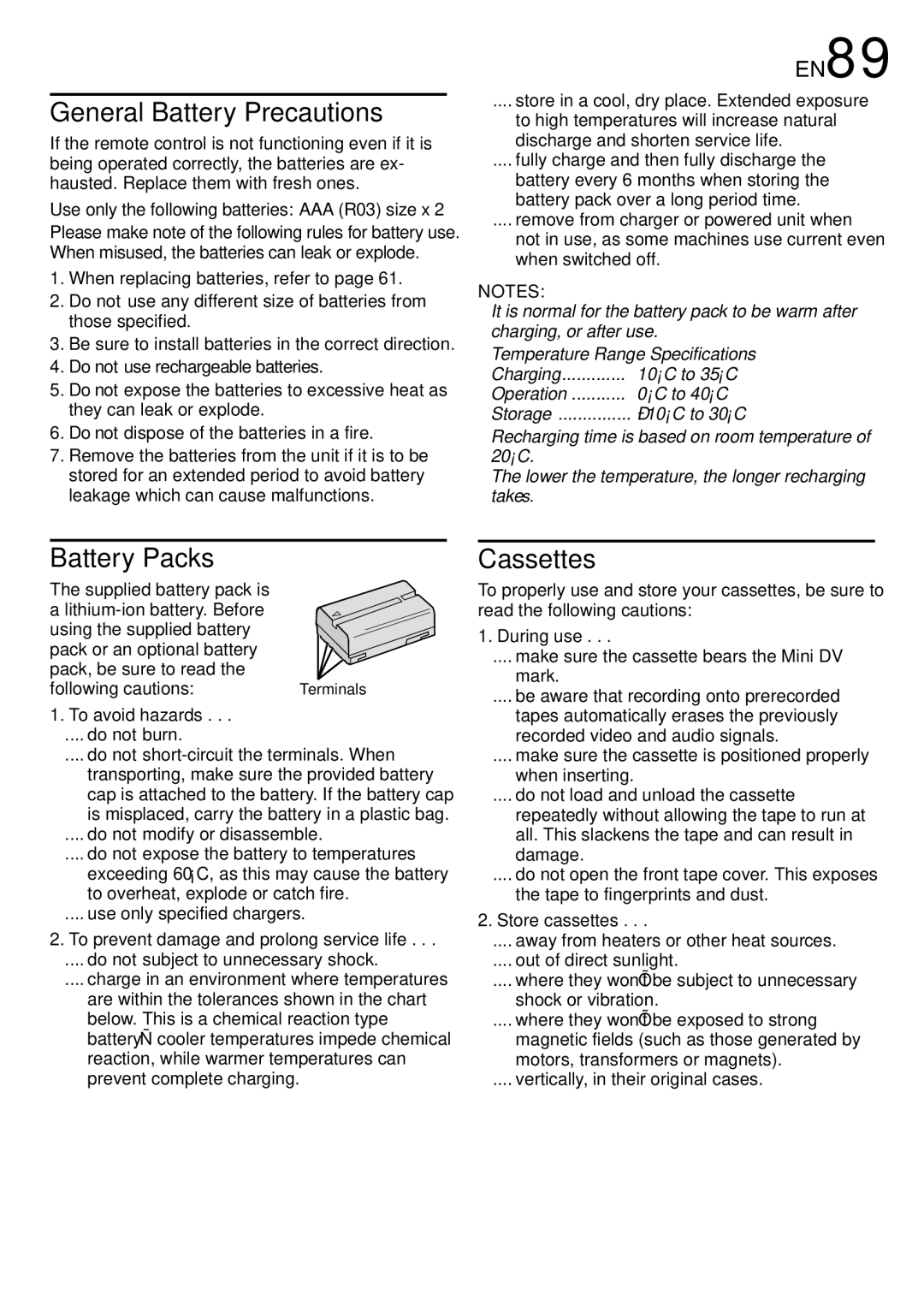 JVC GR-DV2000 specifications EN89, To avoid hazards, During use, Store cassettes 