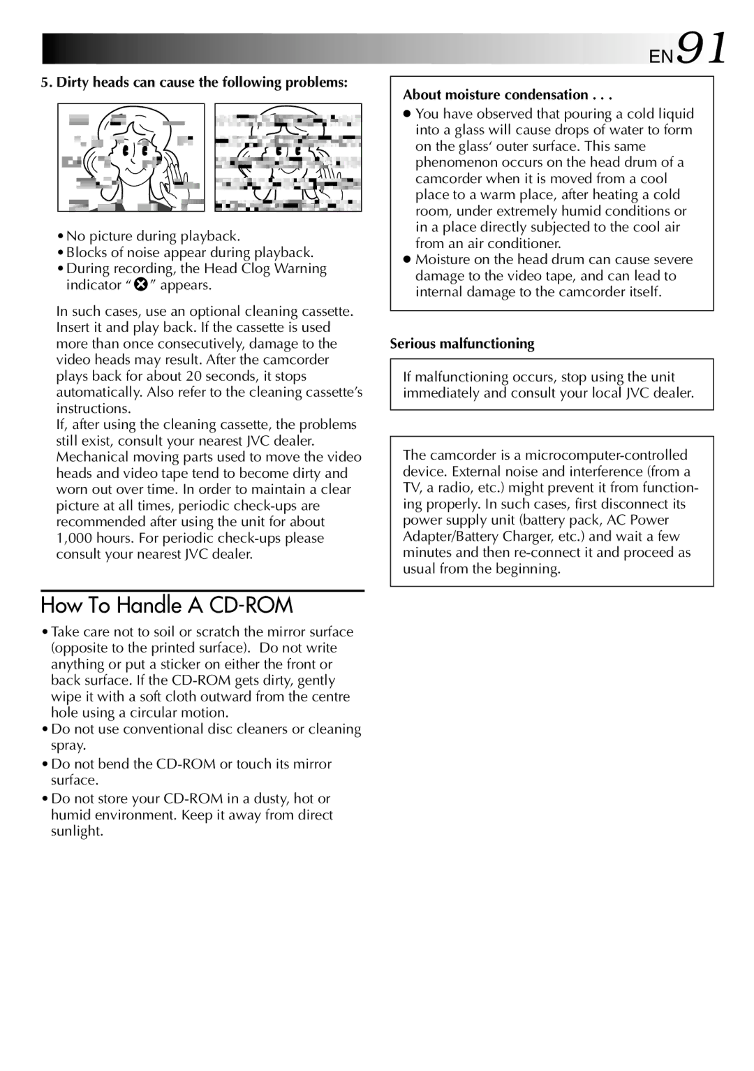 JVC GR-DV2000 specifications EN91, About moisture condensation, Serious malfunctioning 