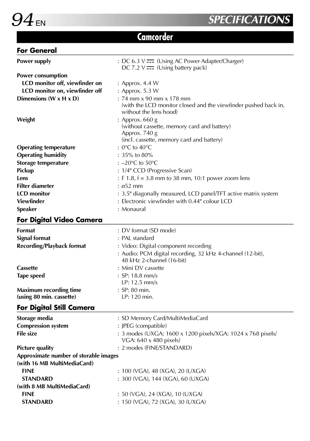 JVC GR-DV2000 specifications 94 EN, For General, For Digital Video Camera, For Digital Still Camera 