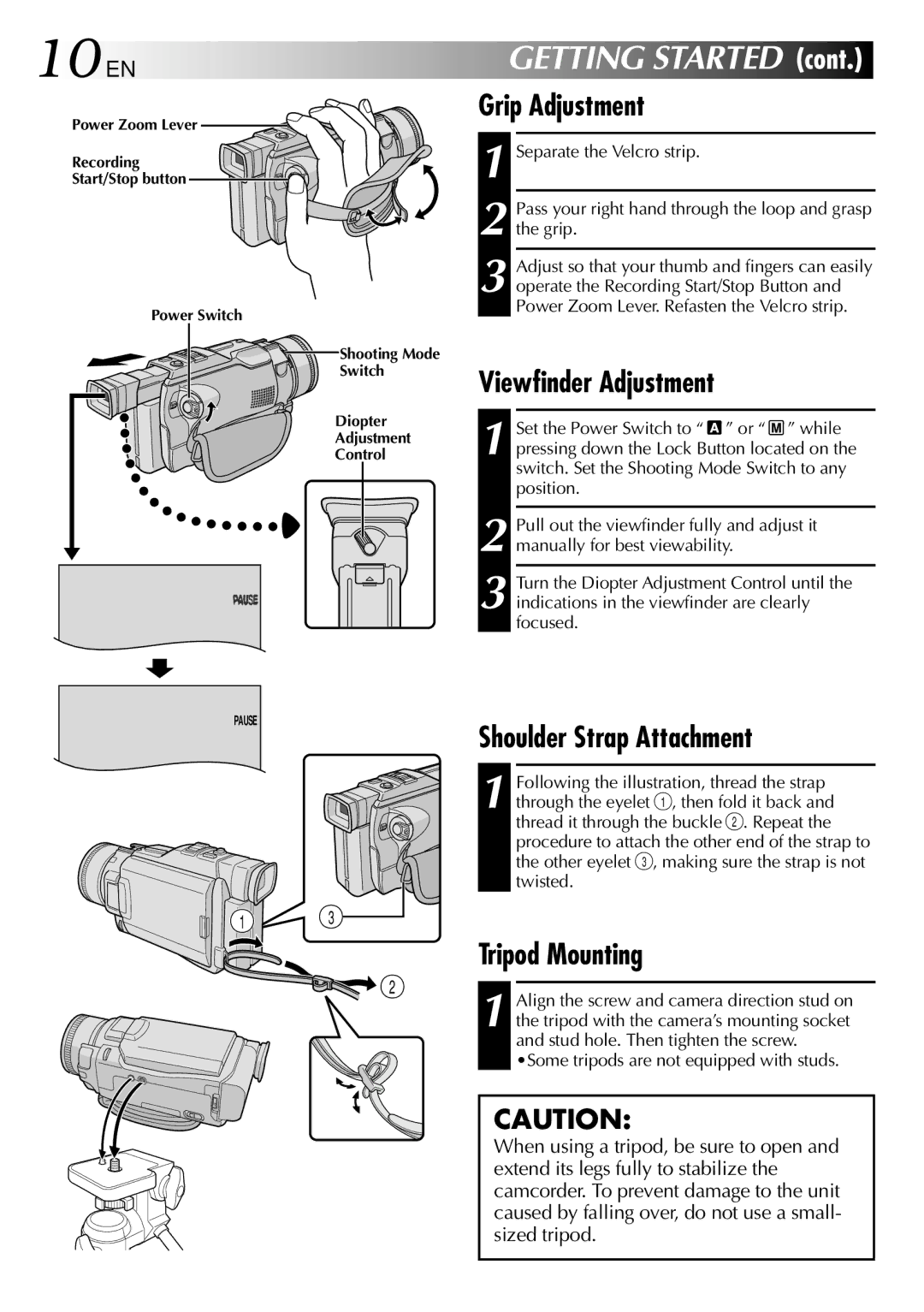 JVC GR-DV2000 specifications 10 EN, Grip Adjustment, Viewfinder Adjustment, Shoulder Strap Attachment, Tripod Mounting 