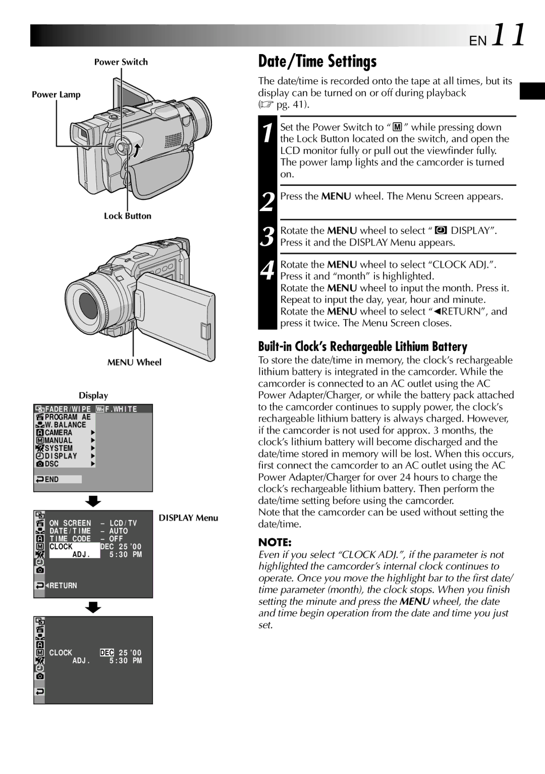 JVC GR-DV2000 specifications Date/Time Settings, EN11, Built-in Clock’s Rechargeable Lithium Battery 