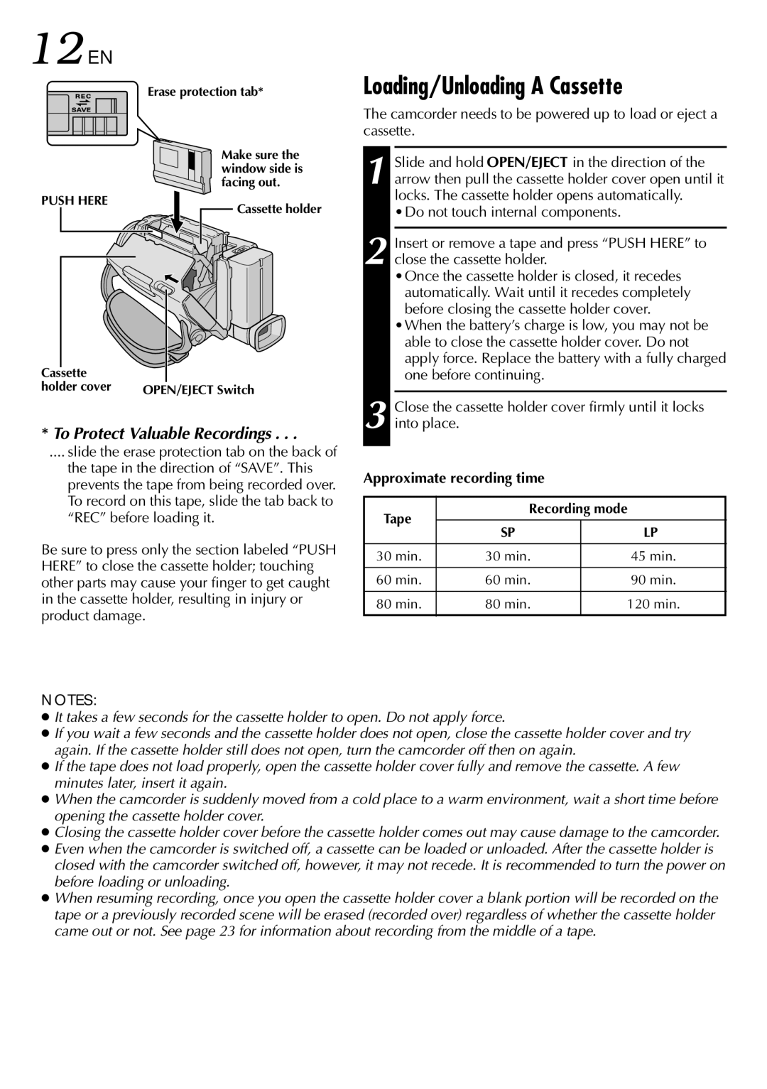 JVC GR-DV2000 specifications 12 EN, Loading/Unloading a Cassette 