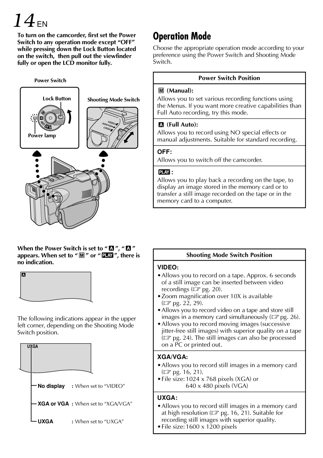 JVC GR-DV2000 specifications 14 EN, Operation Mode, Power Switch Position Manual, Full Auto, Shooting Mode Switch Position 