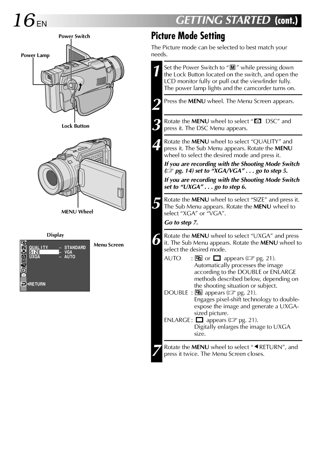 JVC GR-DV2000 specifications 16 EN, Picture Mode Setting, Go to step 