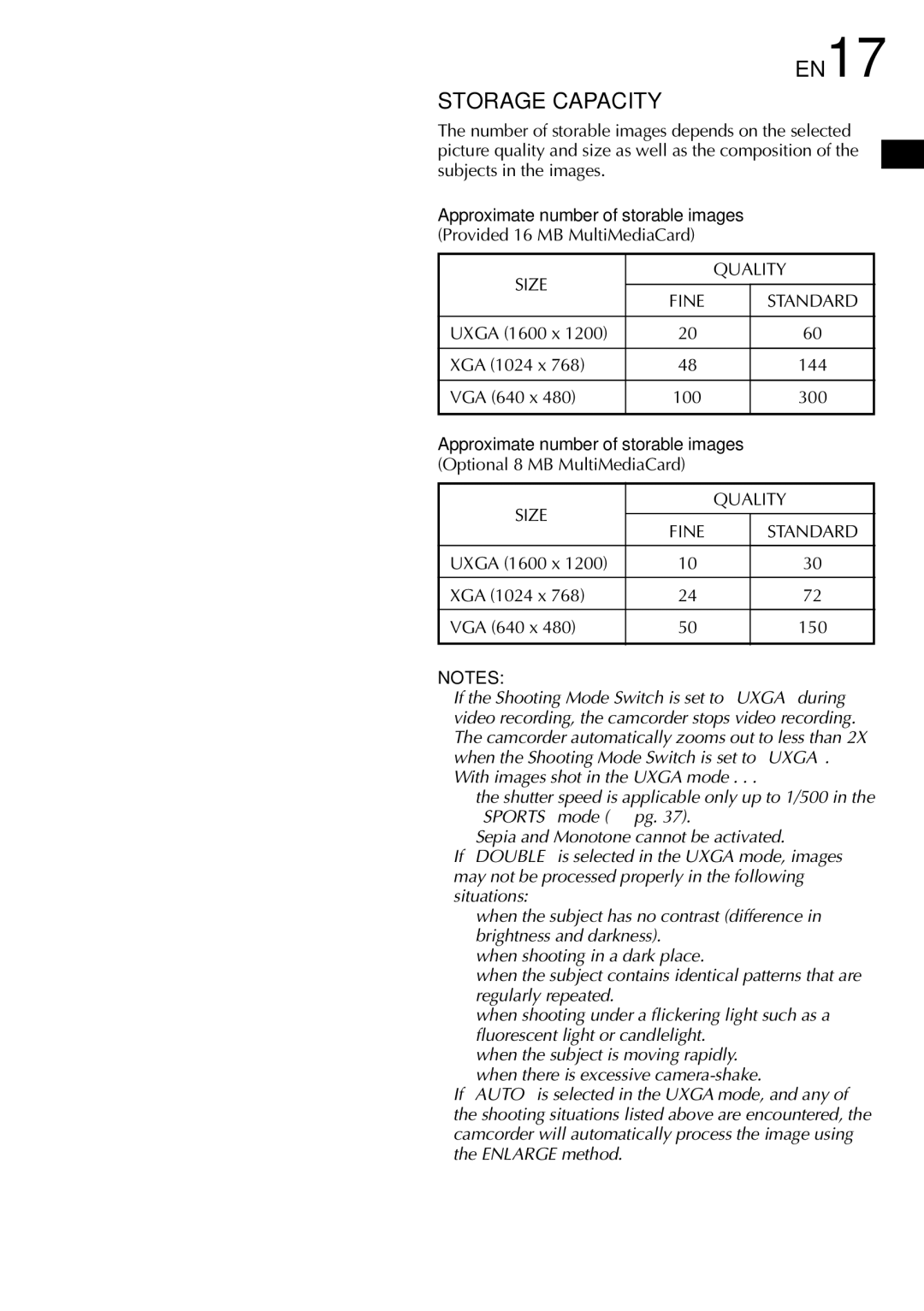 JVC GR-DV2000 specifications EN17, Storage Capacity, Approximate number of storable images 