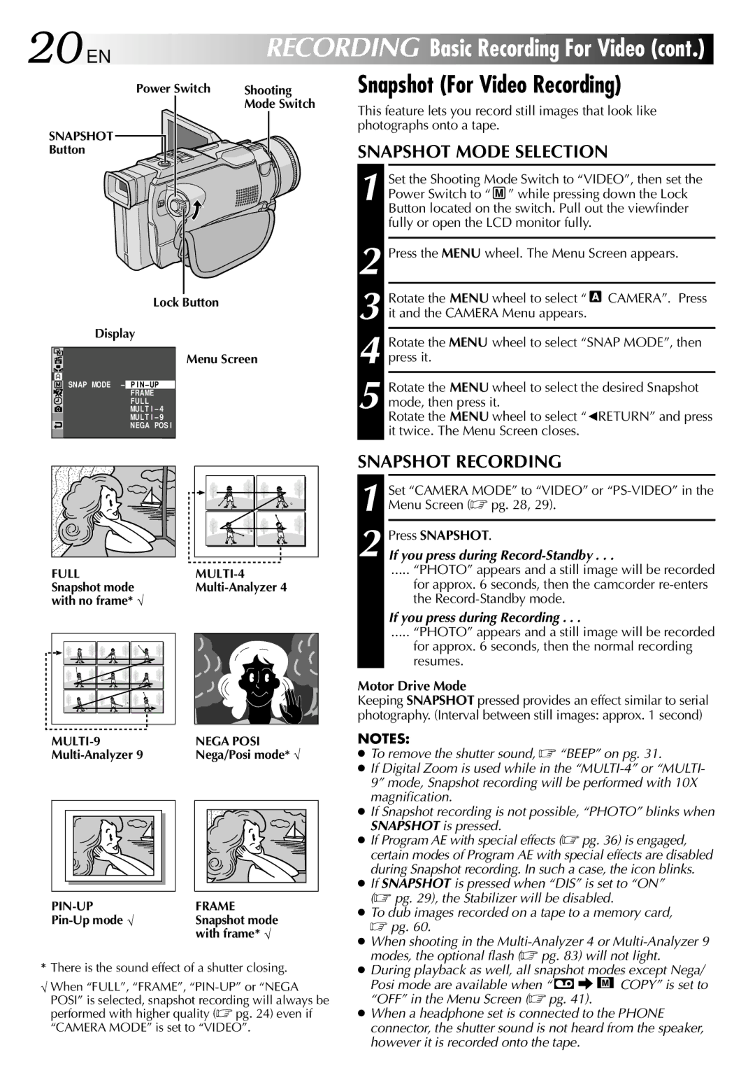 JVC GR-DV2000 specifications 20 EN, Snapshot For Video Recording, Snapshot Mode Selection 