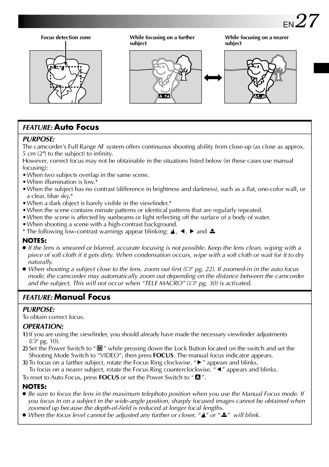 JVC GR-DV2000 specifications EN27, Feature Auto Focus, Feature Manual Focus, To obtain correct focus 