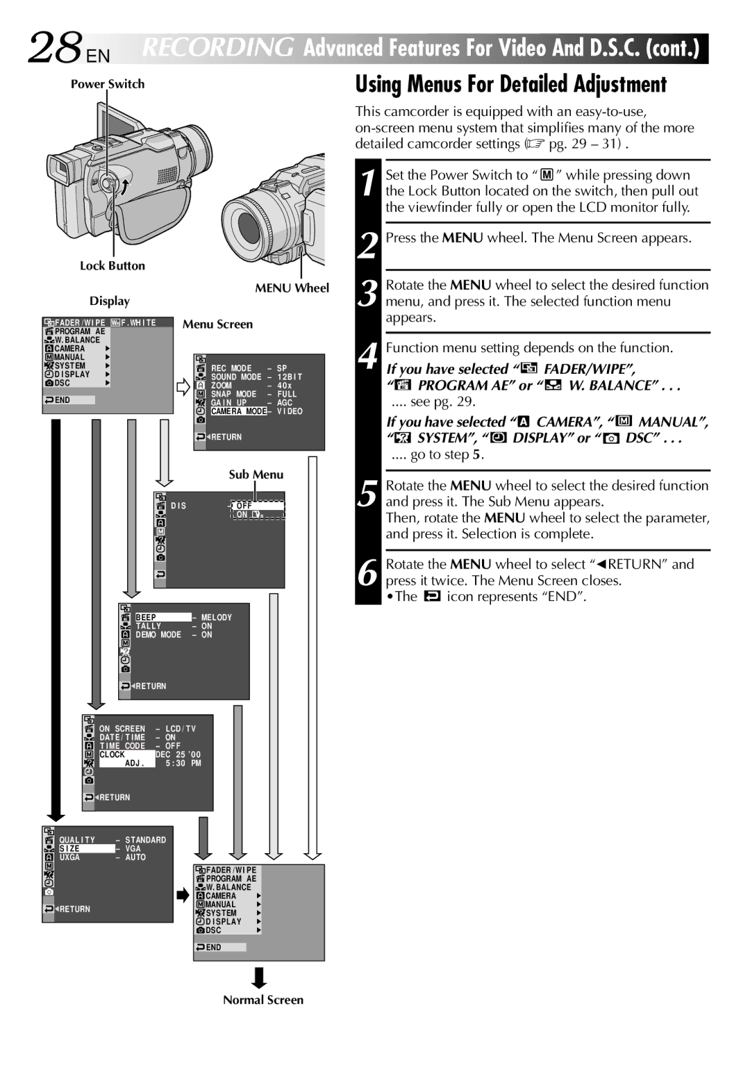 JVC GR-DV2000 Using Menus For Detailed Adjustment, If you have selected FADER/WIPE Program AE or W. Balance, See pg 