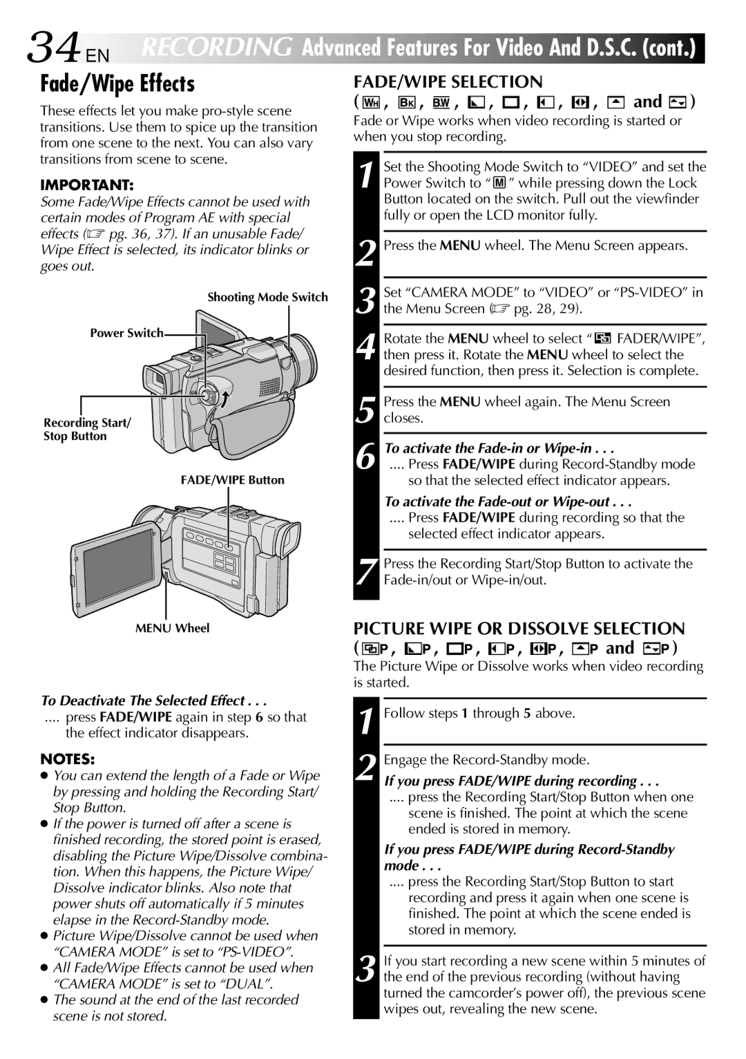 JVC GR-DV2000 specifications Fade/Wipe Effects, FADE/WIPE Selection, Picture Wipe or Dissolve Selection 