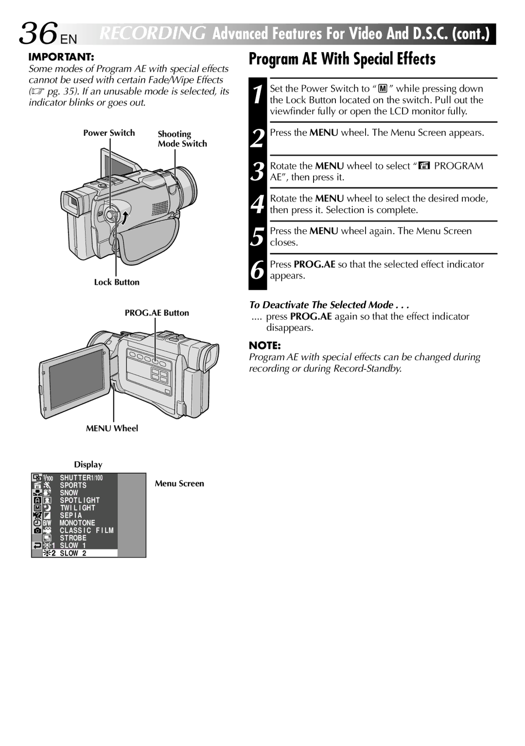 JVC GR-DV2000 specifications Program AE With Special Effects, To Deactivate The Selected Mode 