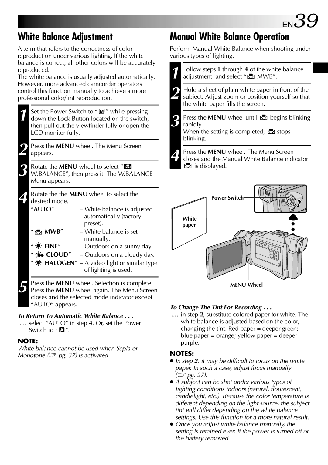 JVC GR-DV2000 White Balance Adjustment, Manual White Balance Operation, EN39, To Return To Automatic White Balance 