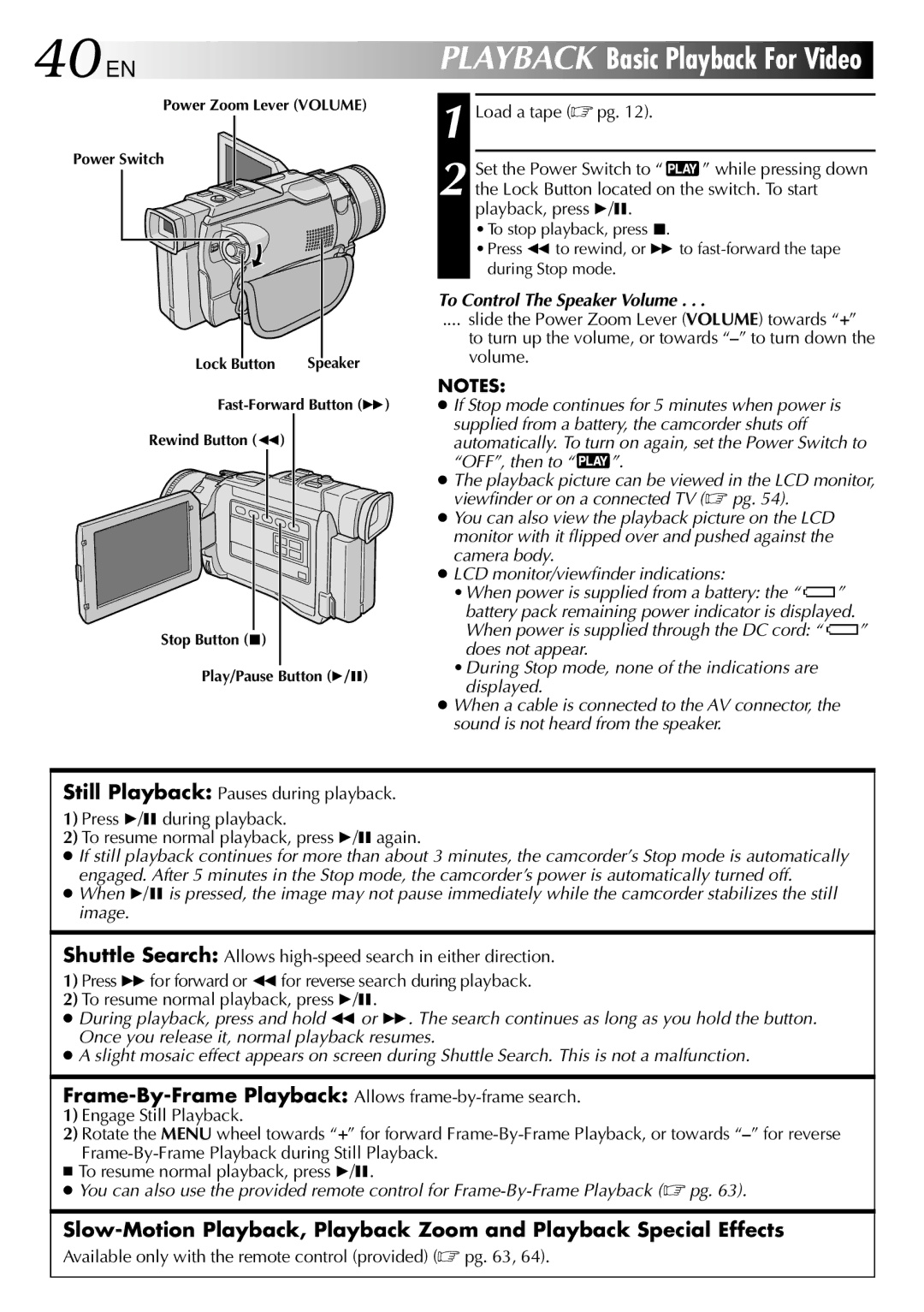 JVC GR-DV2000 specifications 40 EN, To Control The Speaker Volume, Available only with the remote control provided  pg 