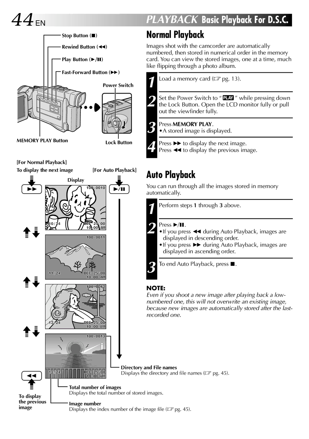 JVC GR-DV2000 specifications 44 EN, Normal Playback, Auto Playback, Out the viewfinder fully, Press Memory Play 