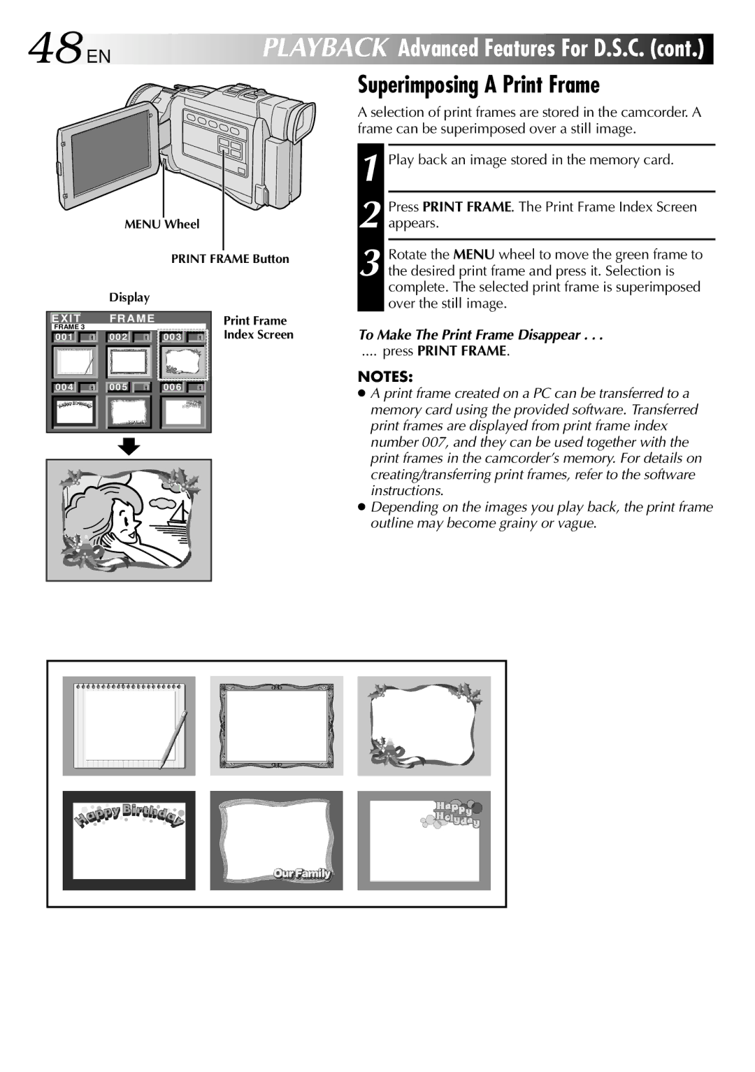 JVC GR-DV2000 specifications 48 EN, Superimposing a Print Frame, To Make The Print Frame Disappear, Press Print Frame 