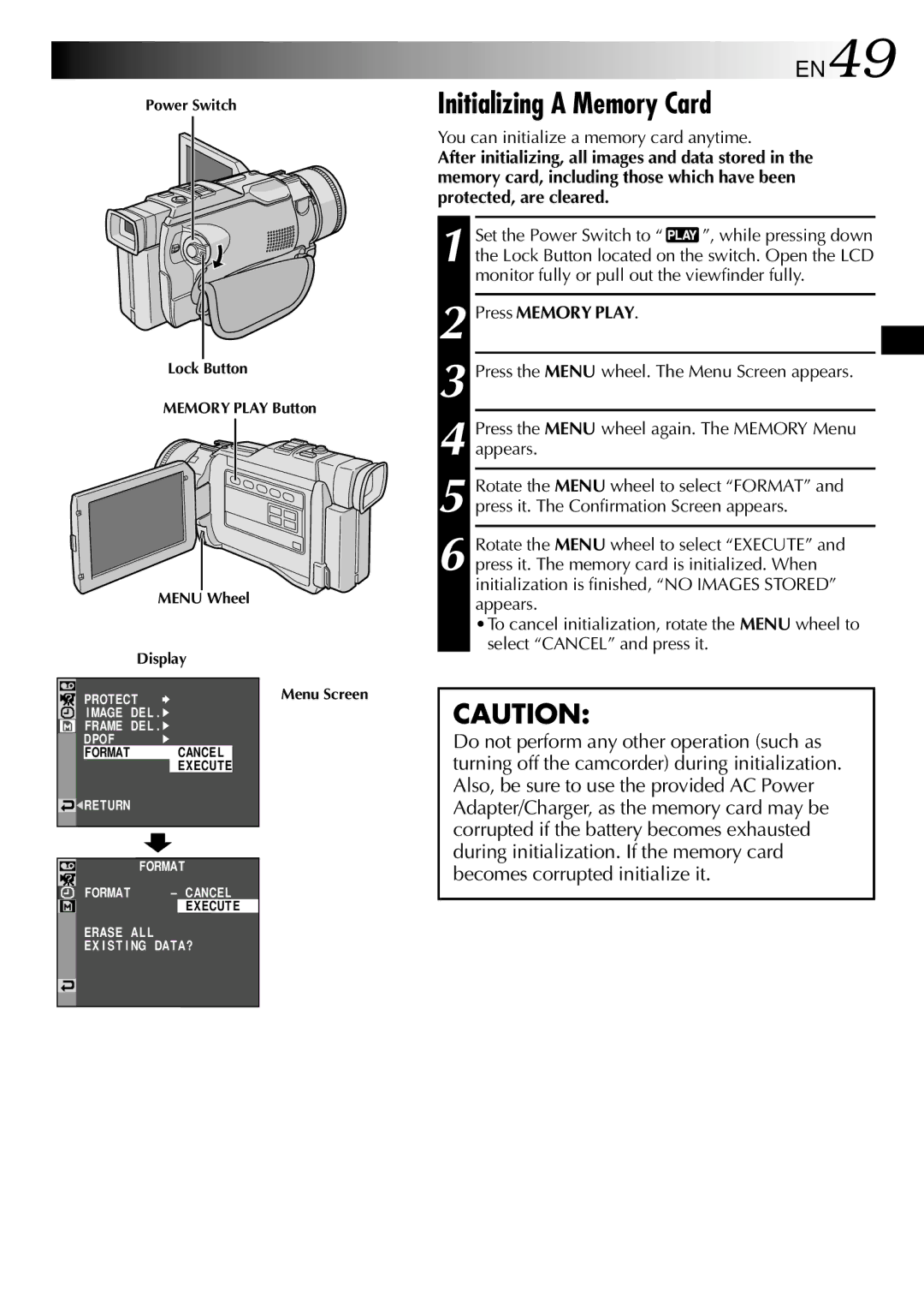 JVC GR-DV2000 specifications Initializing a Memory Card, EN49, You can initialize a memory card anytime 