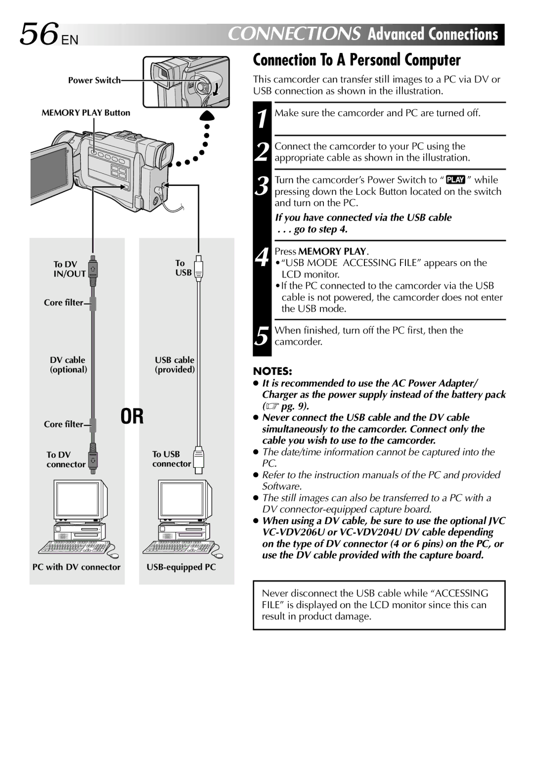 JVC GR-DV2000 56 EN, Connection To a Personal Computer, Turn the camcorder’s Power Switch to While, Turn on the PC 