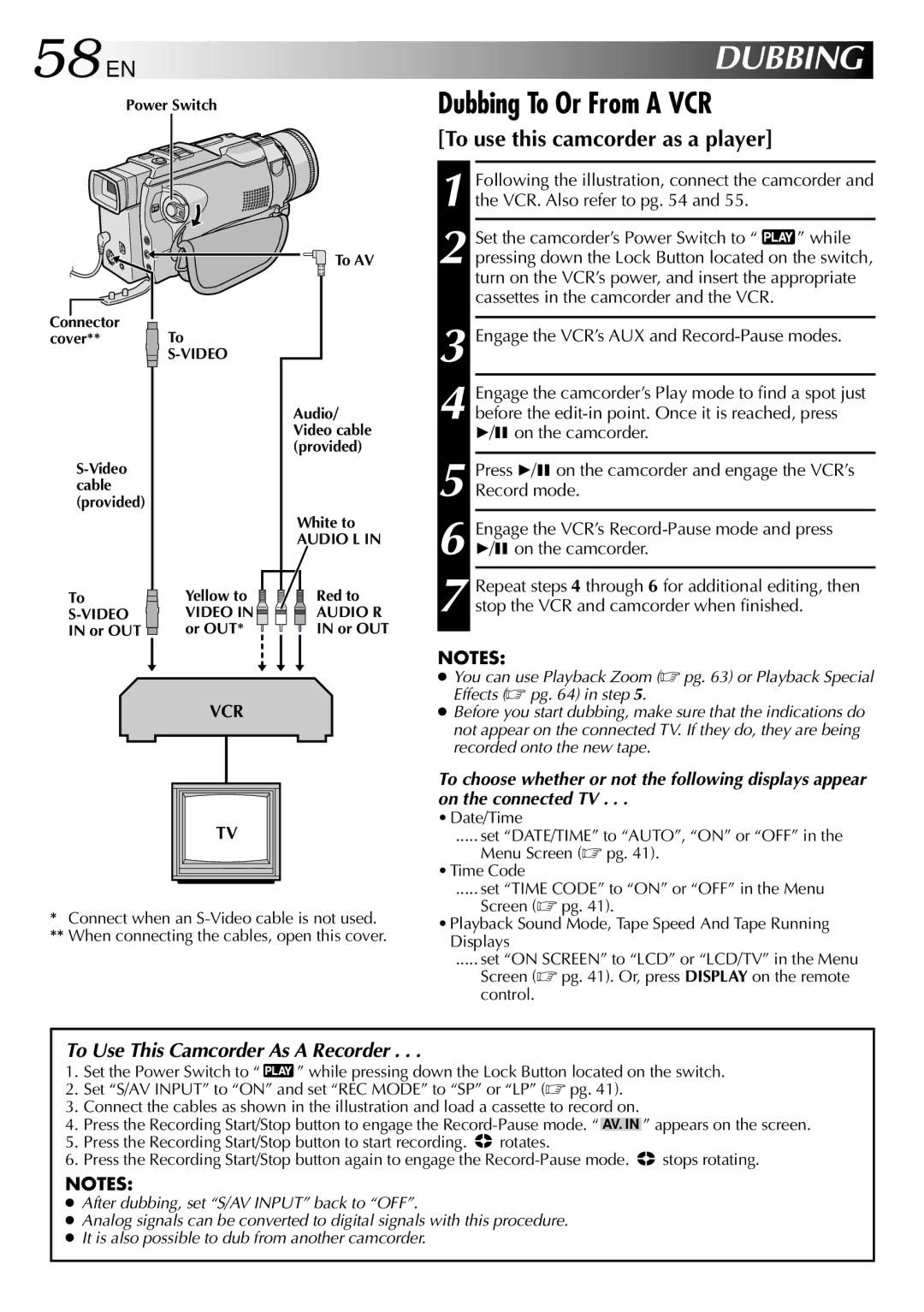 JVC GR-DV2000 specifications 58 EN, Dubbing To Or From a VCR, To use this camcorder as a player 