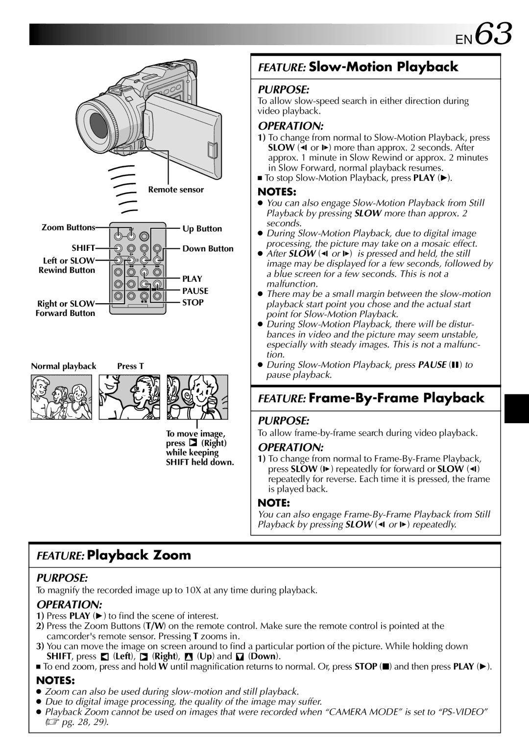 JVC GR-DV2000 specifications EN63, Feature Slow-Motion Playback, Feature Frame-By-Frame Playback, Feature Playback Zoom 