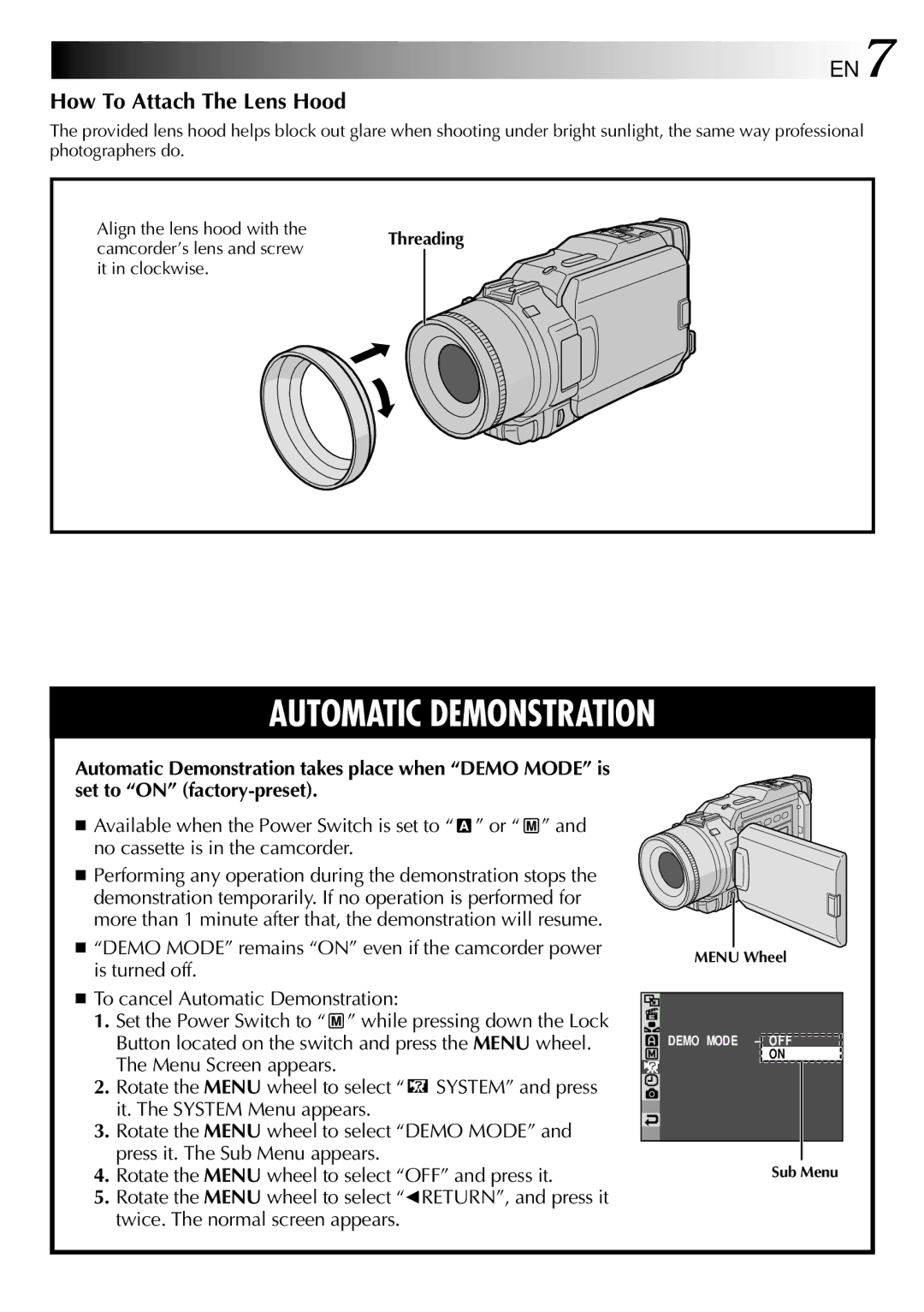 JVC GR-DV2000 specifications How To Attach The Lens Hood, Threading, Camcorder’s lens and screw, It in clockwise 