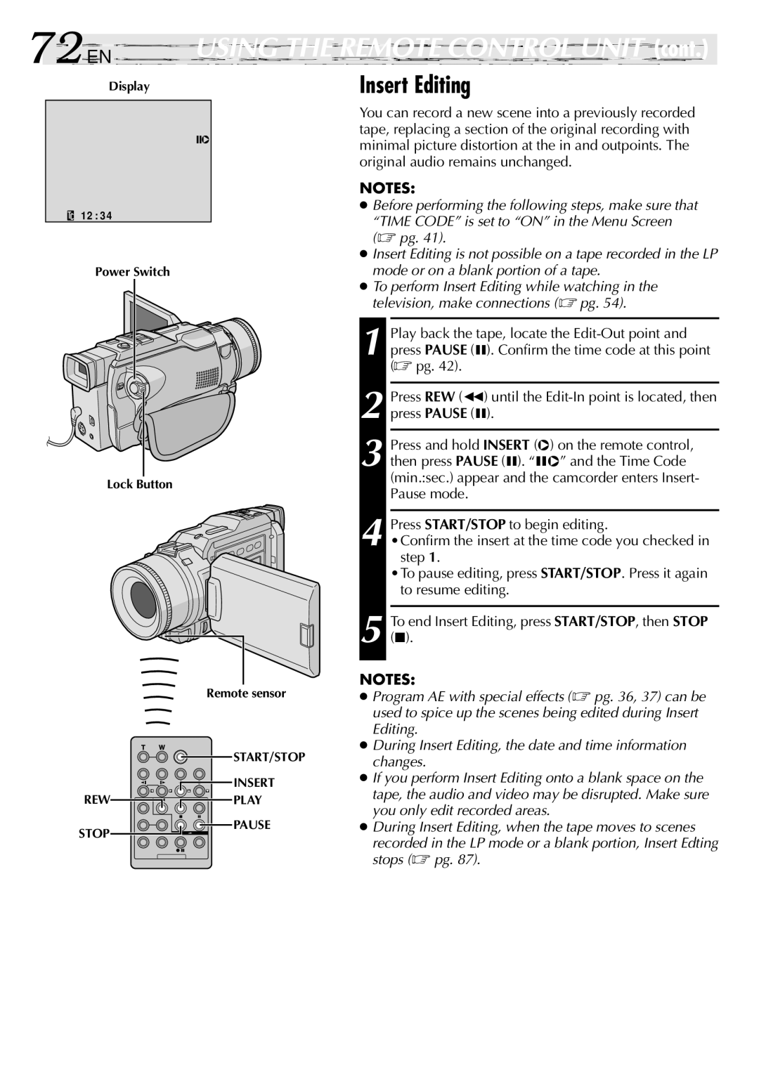 JVC GR-DV2000 specifications 72 EN, Insert Editing 