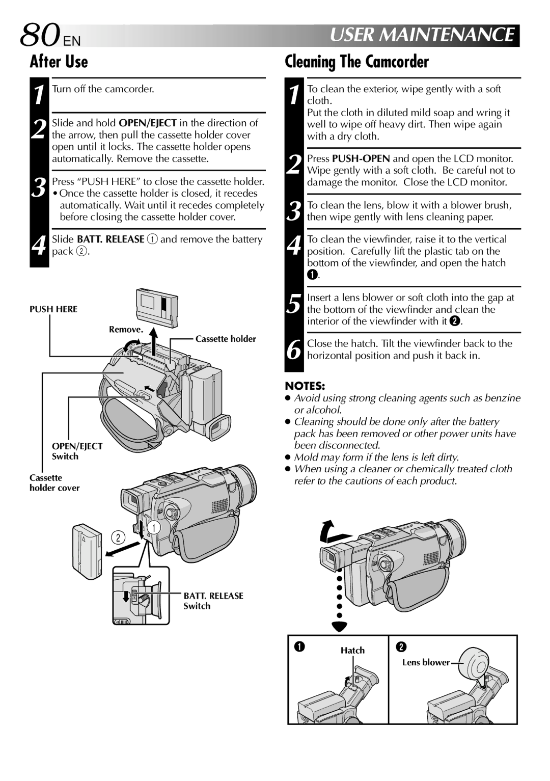 JVC GR-DV2000 specifications 80 EN, After Use, Cleaning The Camcorder 