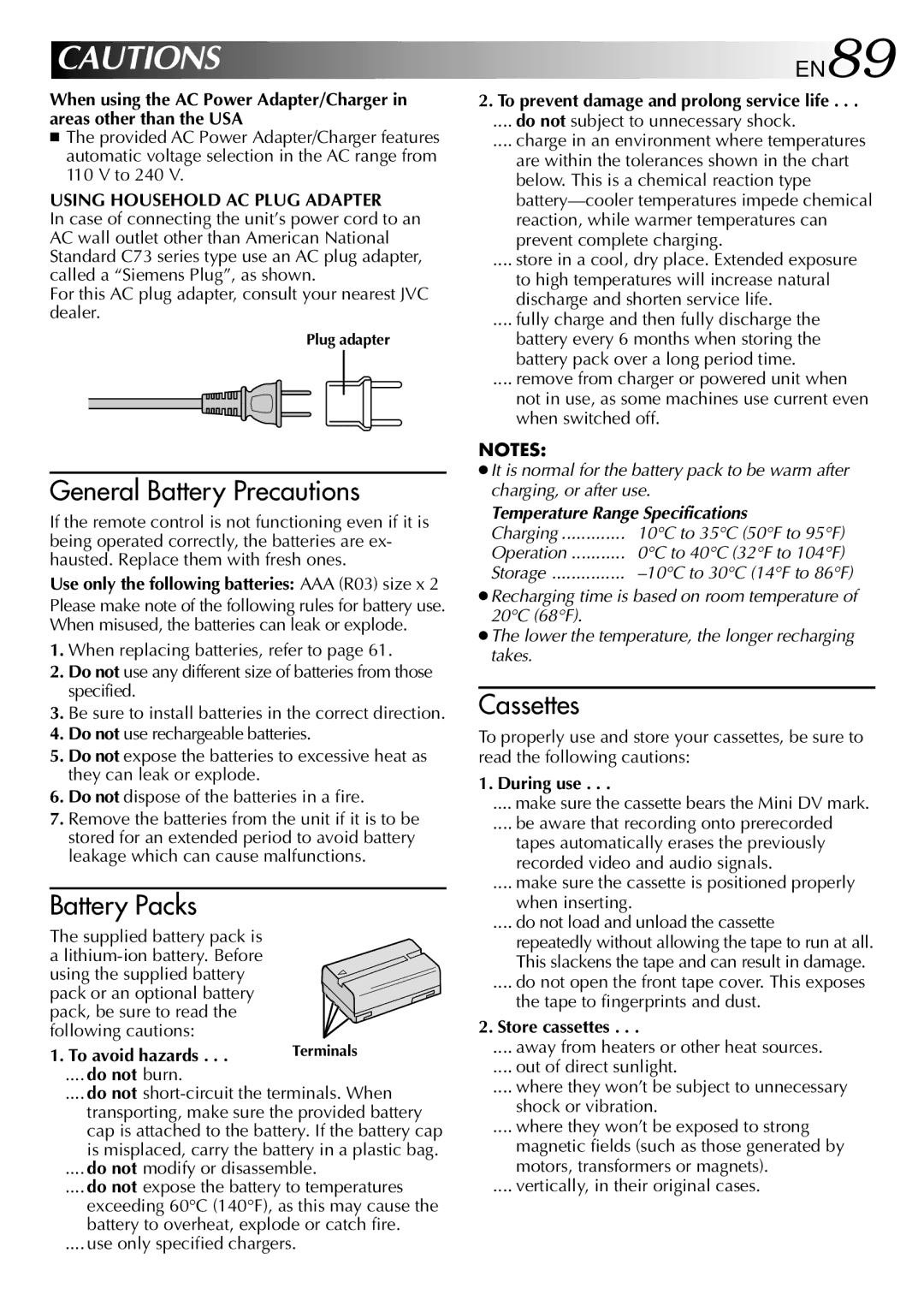 JVC GR-DV2000 specifications EN89, Temperature Range Specifications 